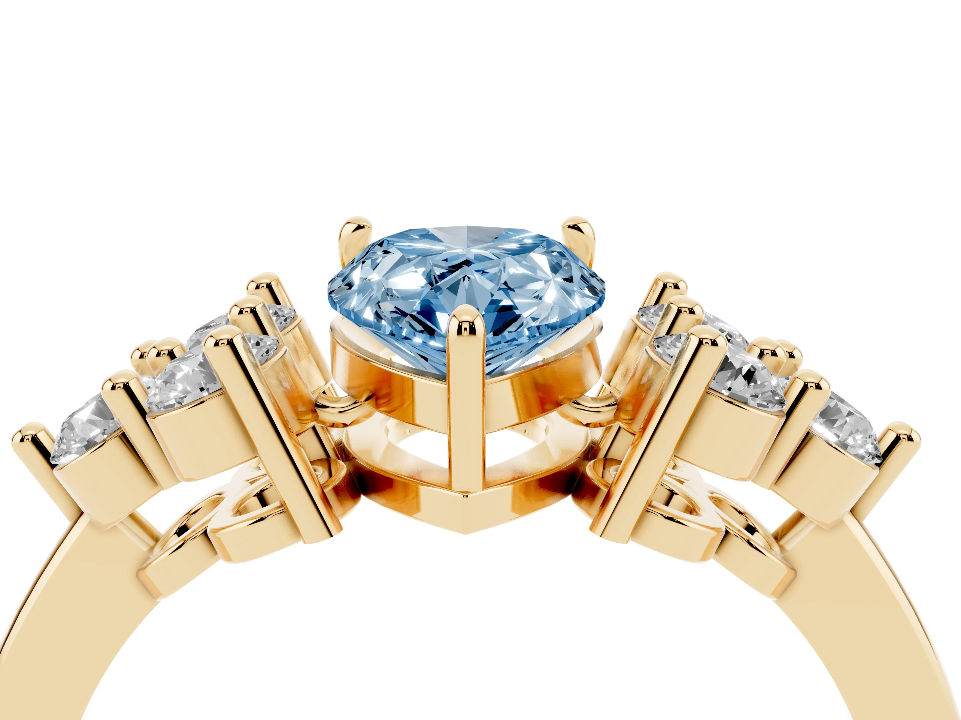 Fancy Blue Pear Cut Diamond Solitaire Ring Set in Yellow gold with Cluster Accents on Each Side