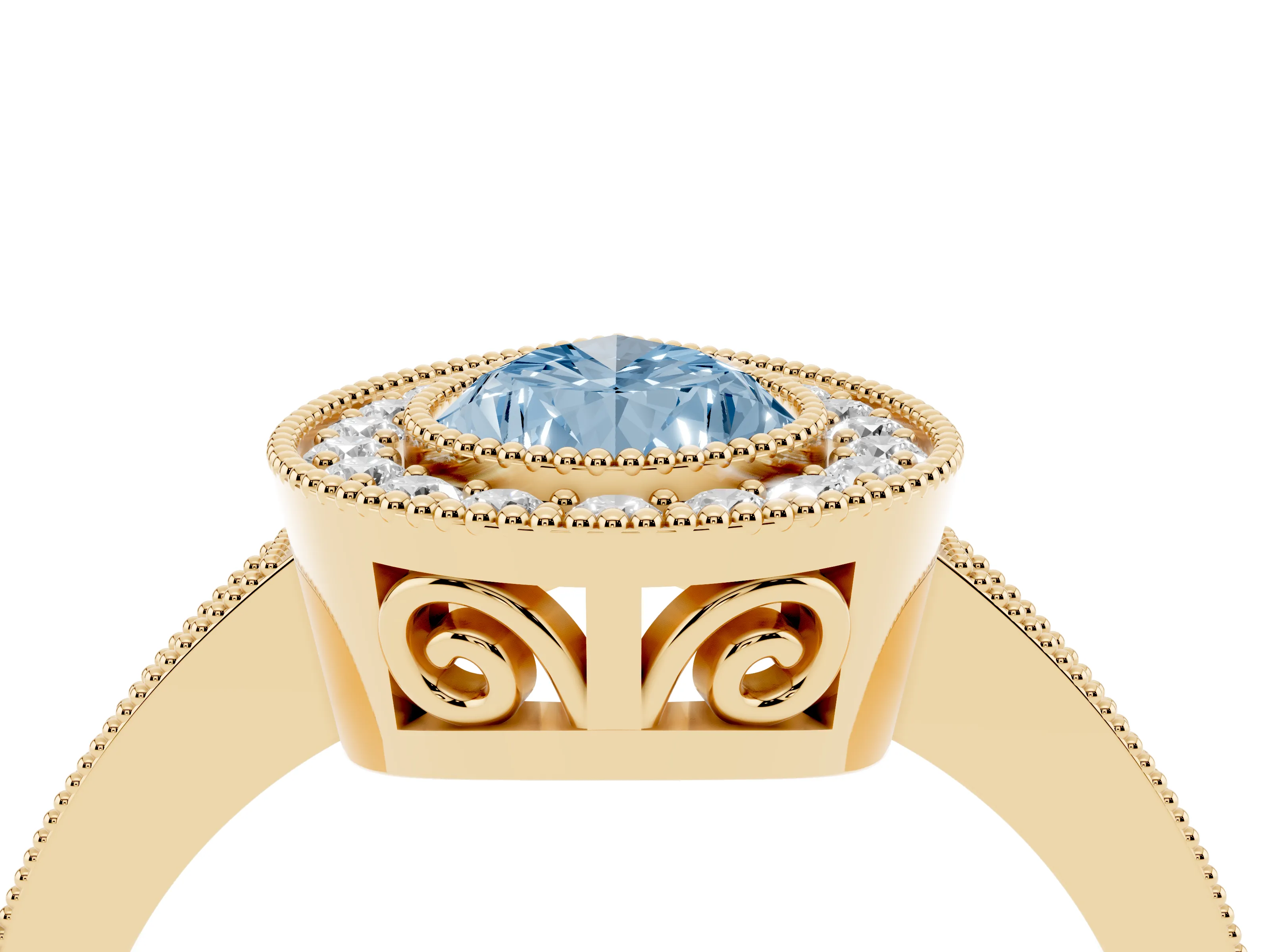 Fancy Blue Pear Cut Diamond Round Halo Ring Set in Yellow gold with Pavé Band