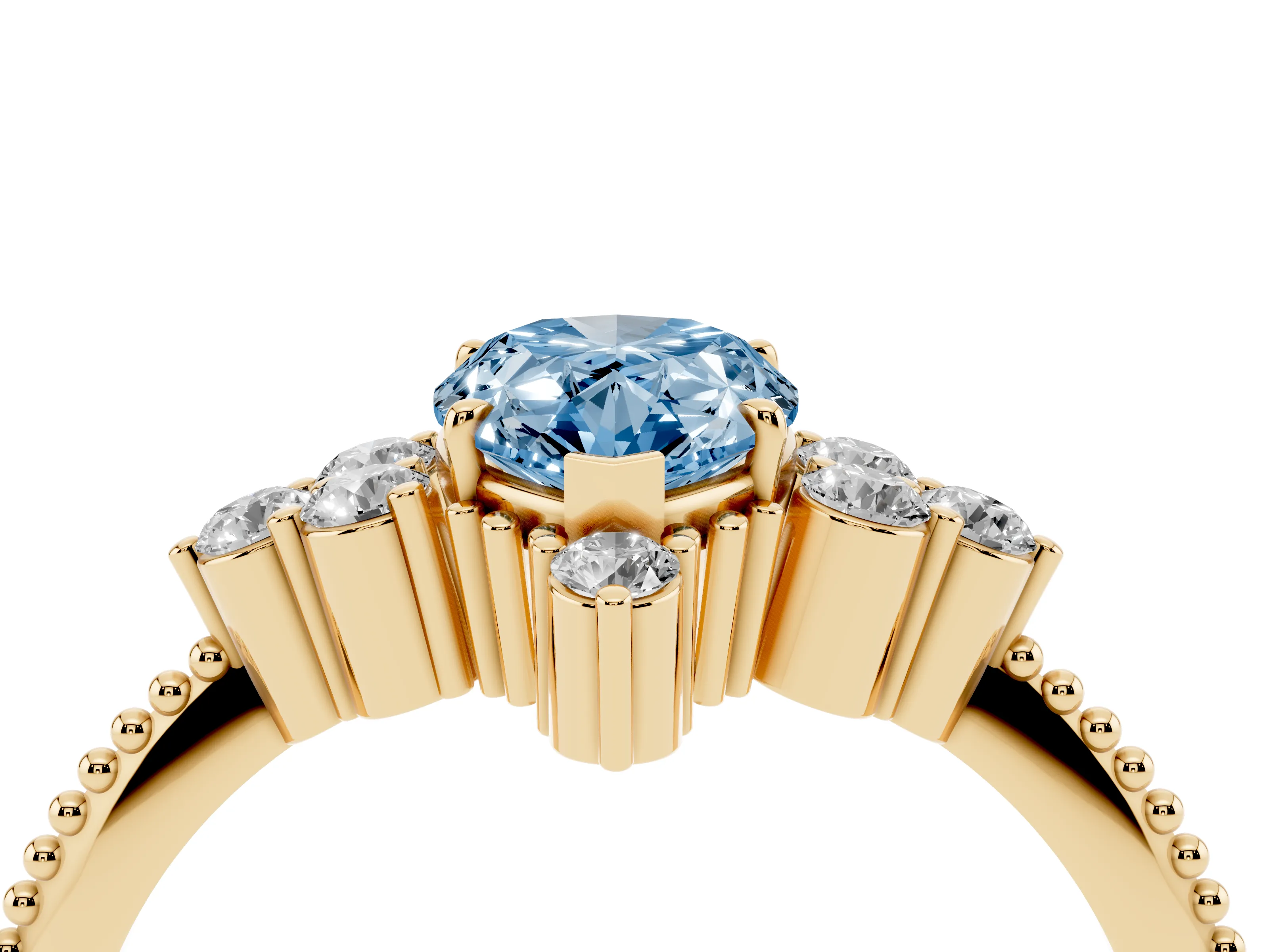 Fancy Blue Pear Cut Diamond Cluster Ring Set in Yellow gold with Beaded Band
