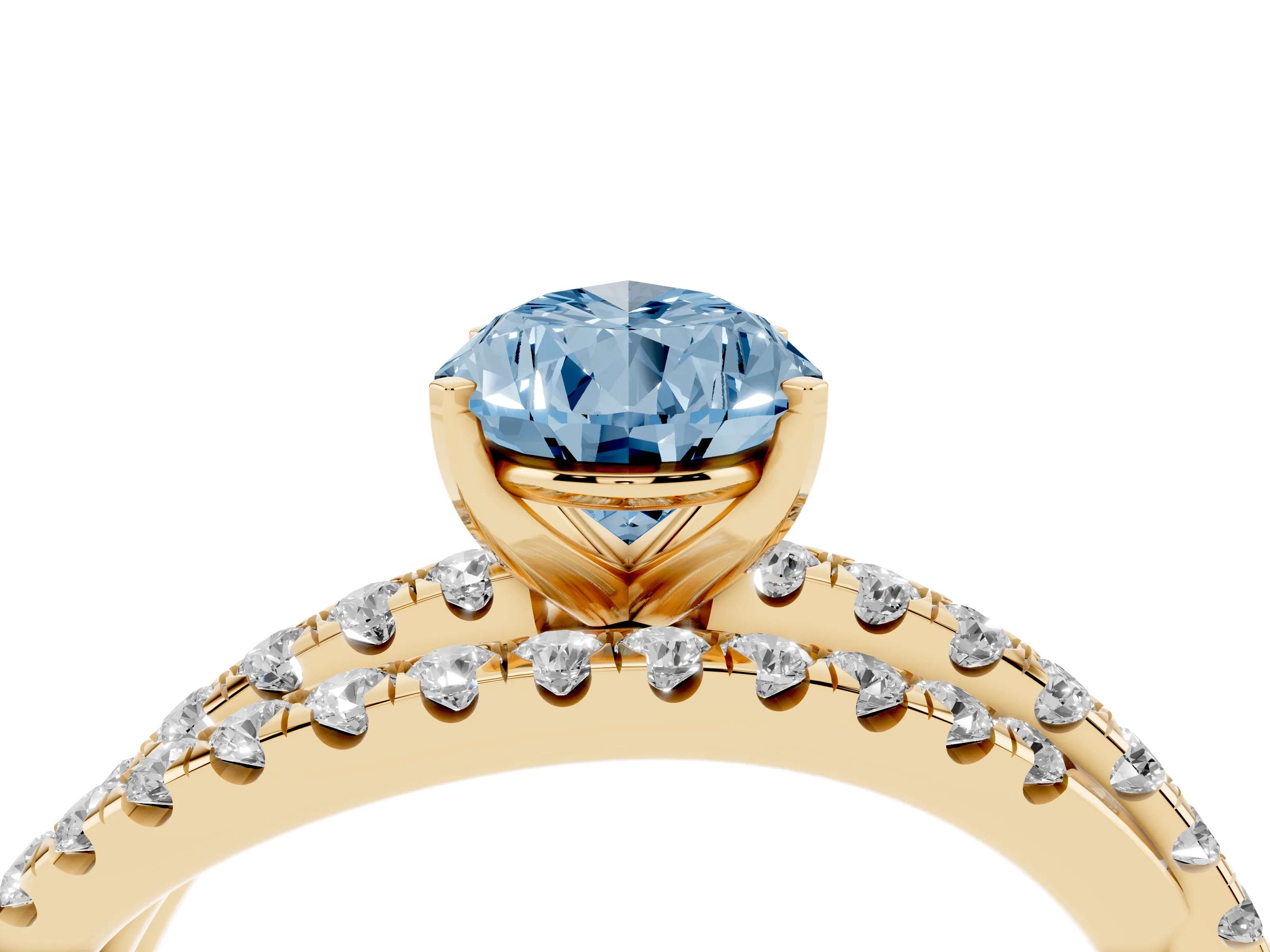 Fancy Blue Pear Cut Diamond Solitaire Twist Band Ring Set in Yellow gold with Pavé Setting and Prong Head