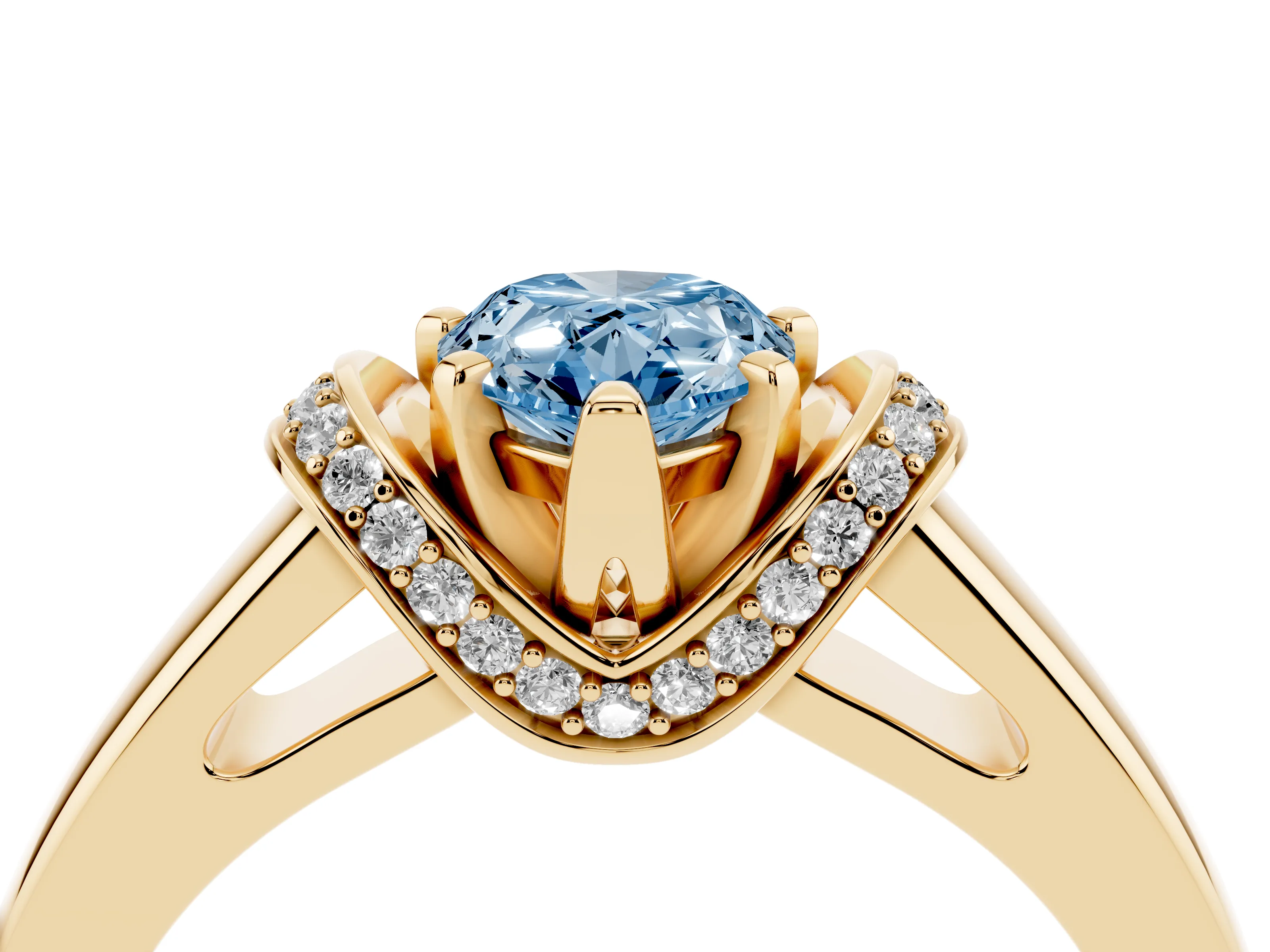 Fancy Blue Pear Cut Diamond Pavé Band Solitaire Ring Set in Yellow gold with Prong Setting