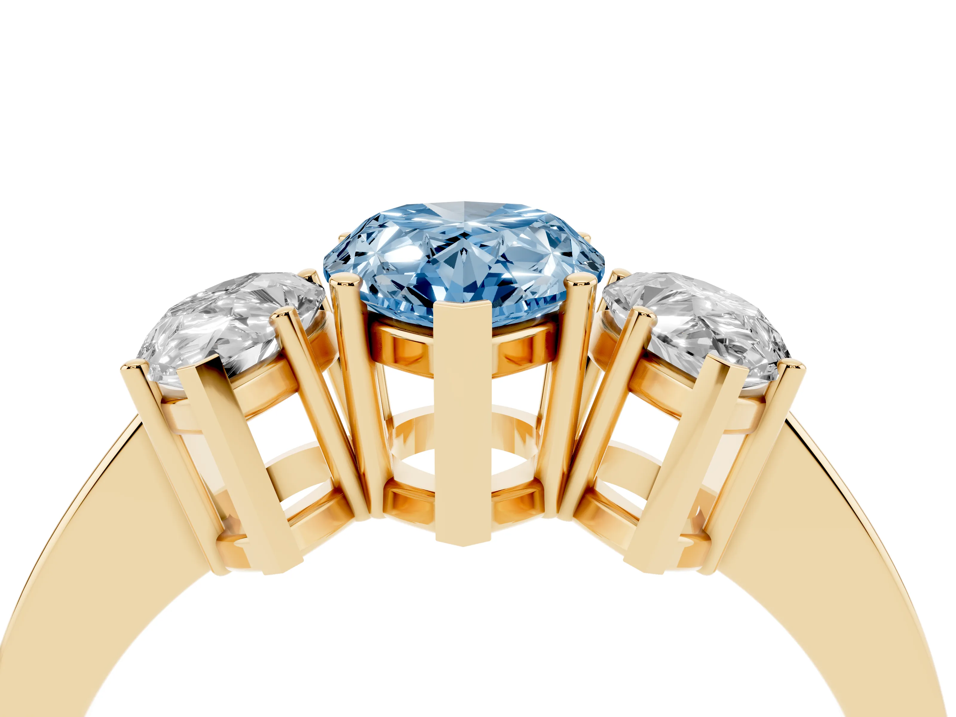 Fancy Blue Pear Cut Diamond Three-Stone Engagement Ring Set in Yellow gold with Flat Band