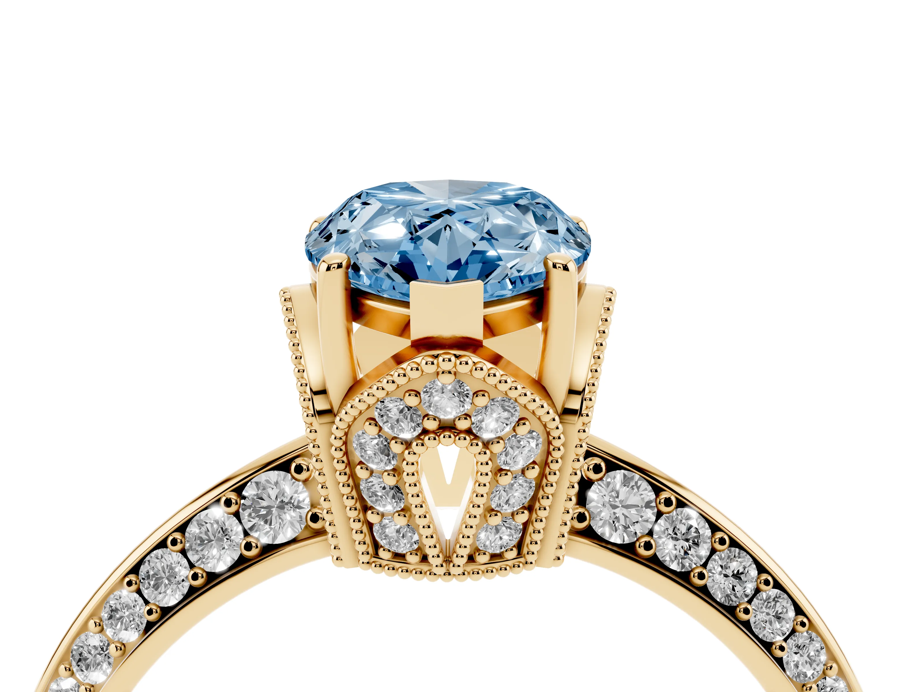 Fancy Blue Pear Cut Diamond Solitaire Engagement Ring Set in Yellow gold with Pavé Split Shank and Prong Setting