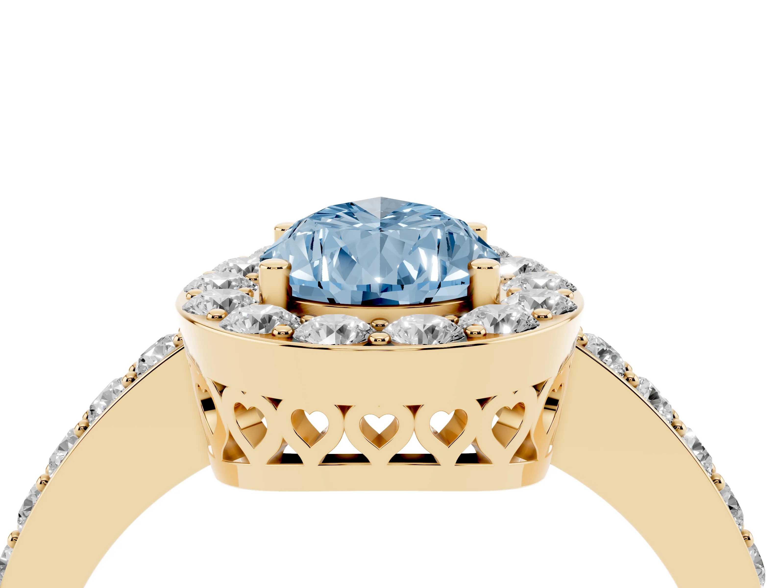 Fancy Blue Pear Cut Diamond Halo Ring Set in Yellow gold with Pavé-Setting Band and Open Prong Center