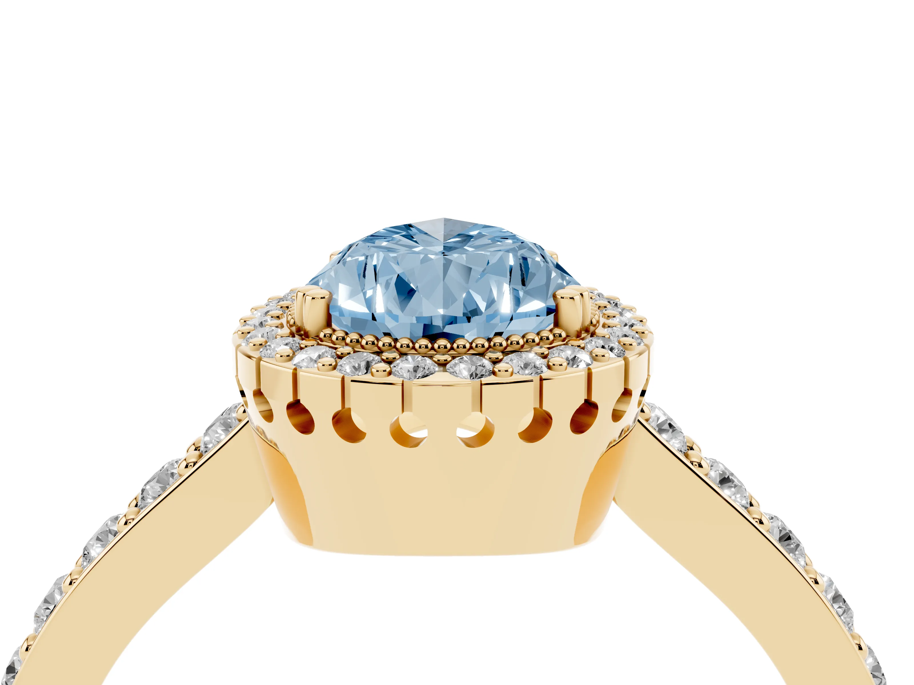 Fancy Blue Pear Cut Diamond Halo Engagement Ring Set in Yellow gold with Milgrain Detail and Pavé Band