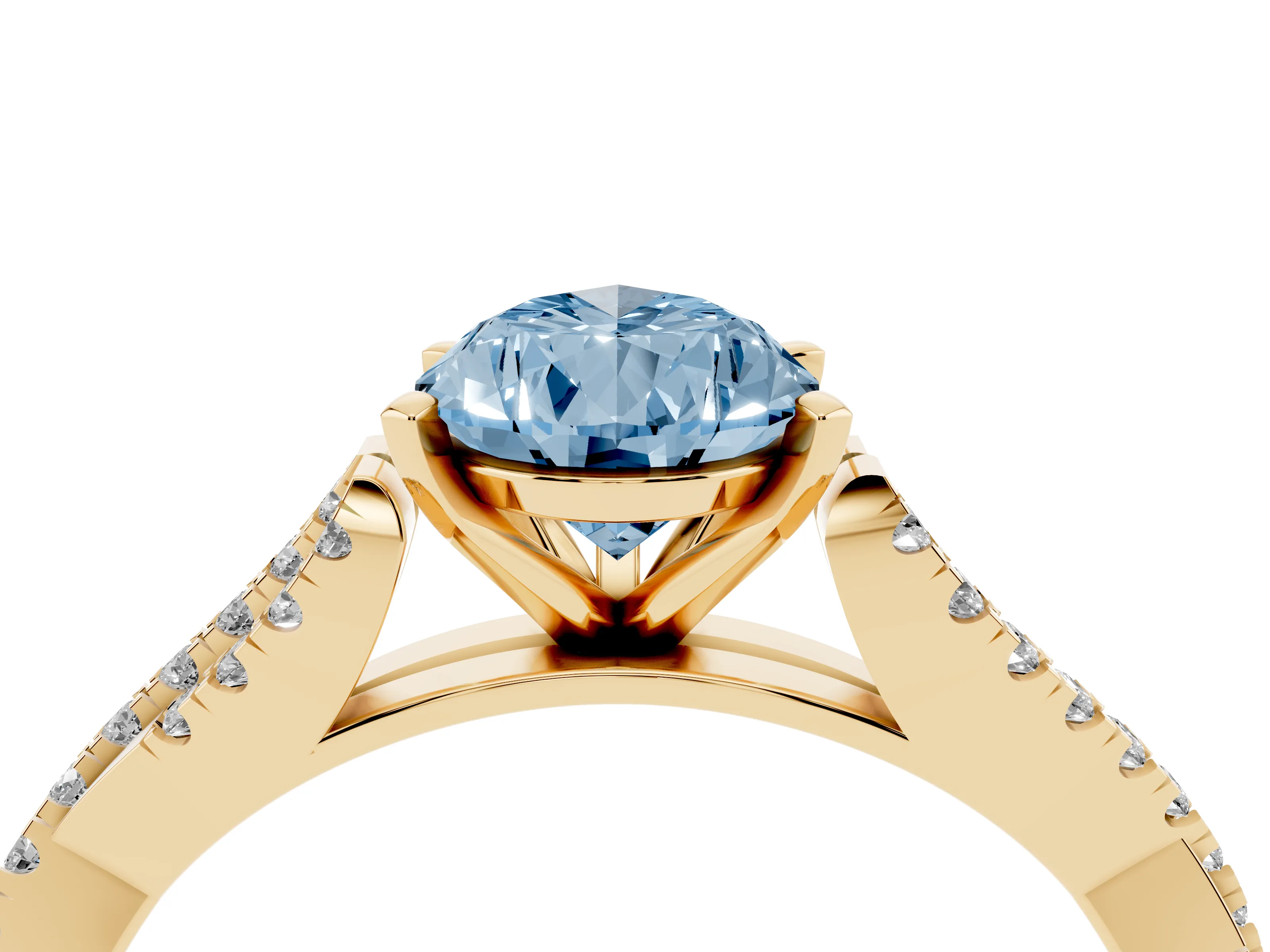 Fancy Blue Pear Cut Diamond Solitaire Engagement Ring Set in Yellow gold with Twisted Pavé Band and Prong Setting