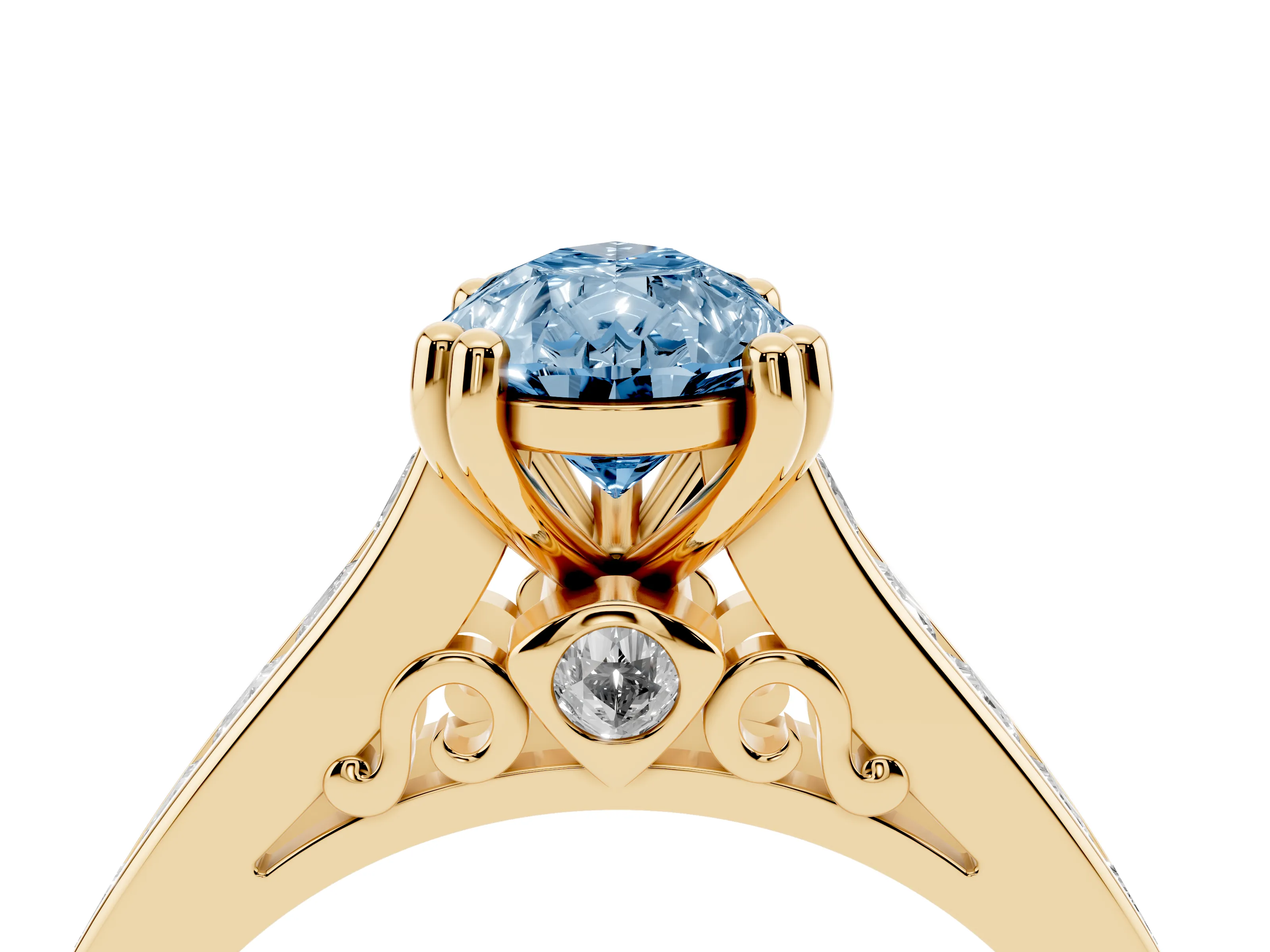 Fancy Blue Pear Cut Diamond Channel Set Solitaire Engagement Ring Set in Yellow gold with Prong Setting