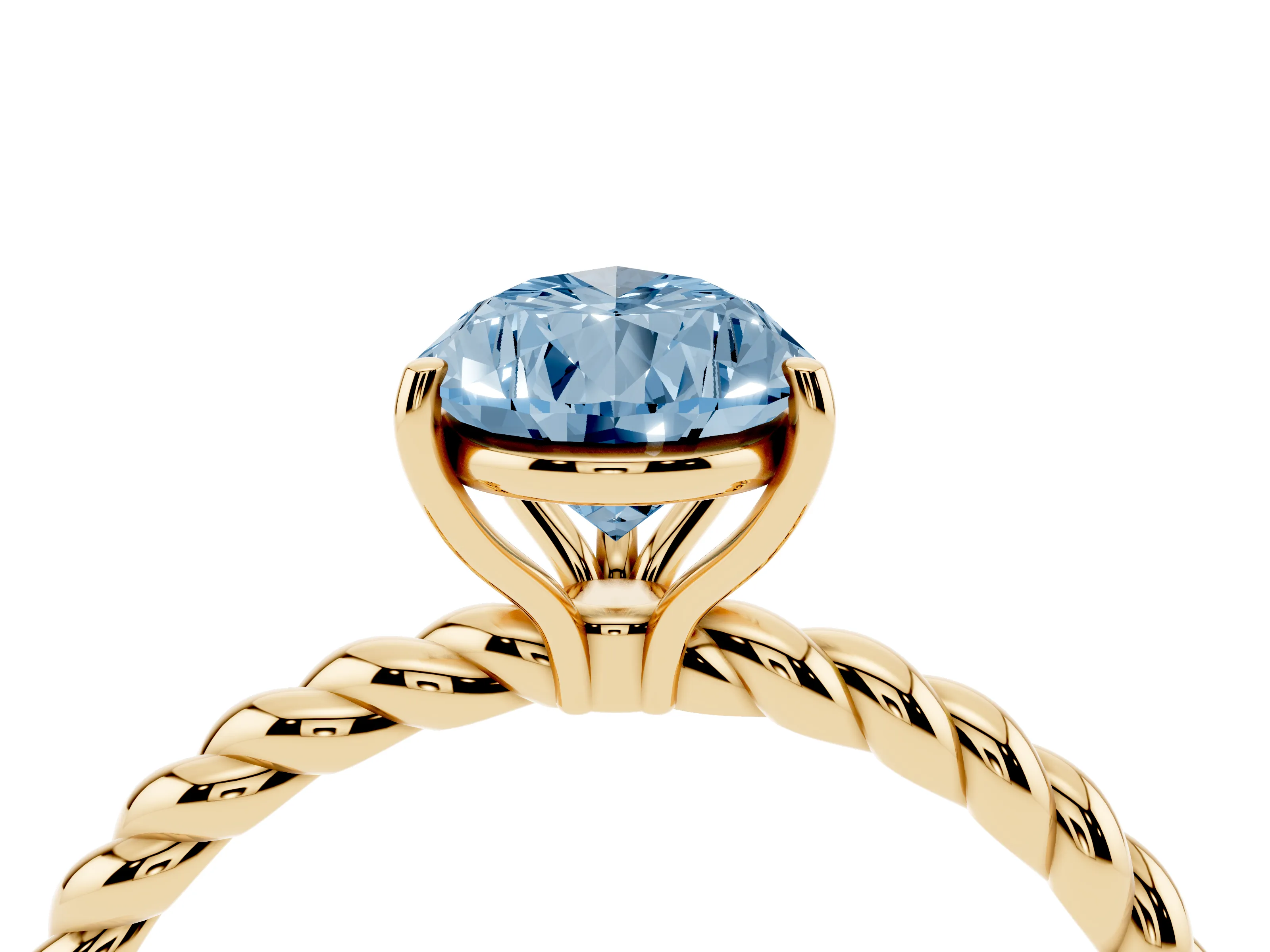 Fancy Blue Pear Cut Diamond Solitaire Ring Set in Yellow gold with Twist Band and Prong Setting
