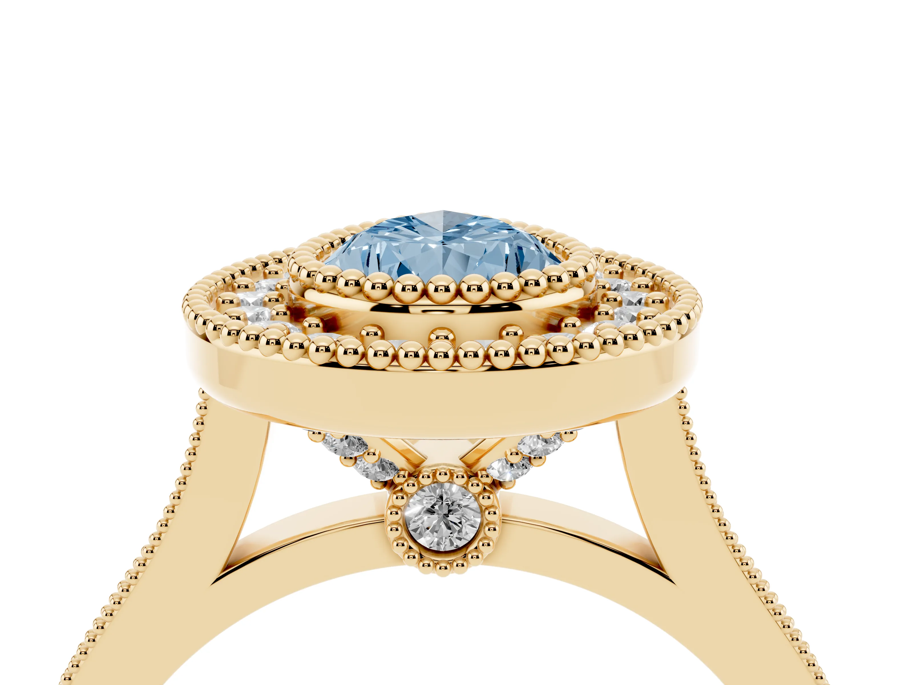 Fancy Blue Pear Cut Diamond Halo Ring Set in Yellow gold with Milgrain Frame and Pavé Band
