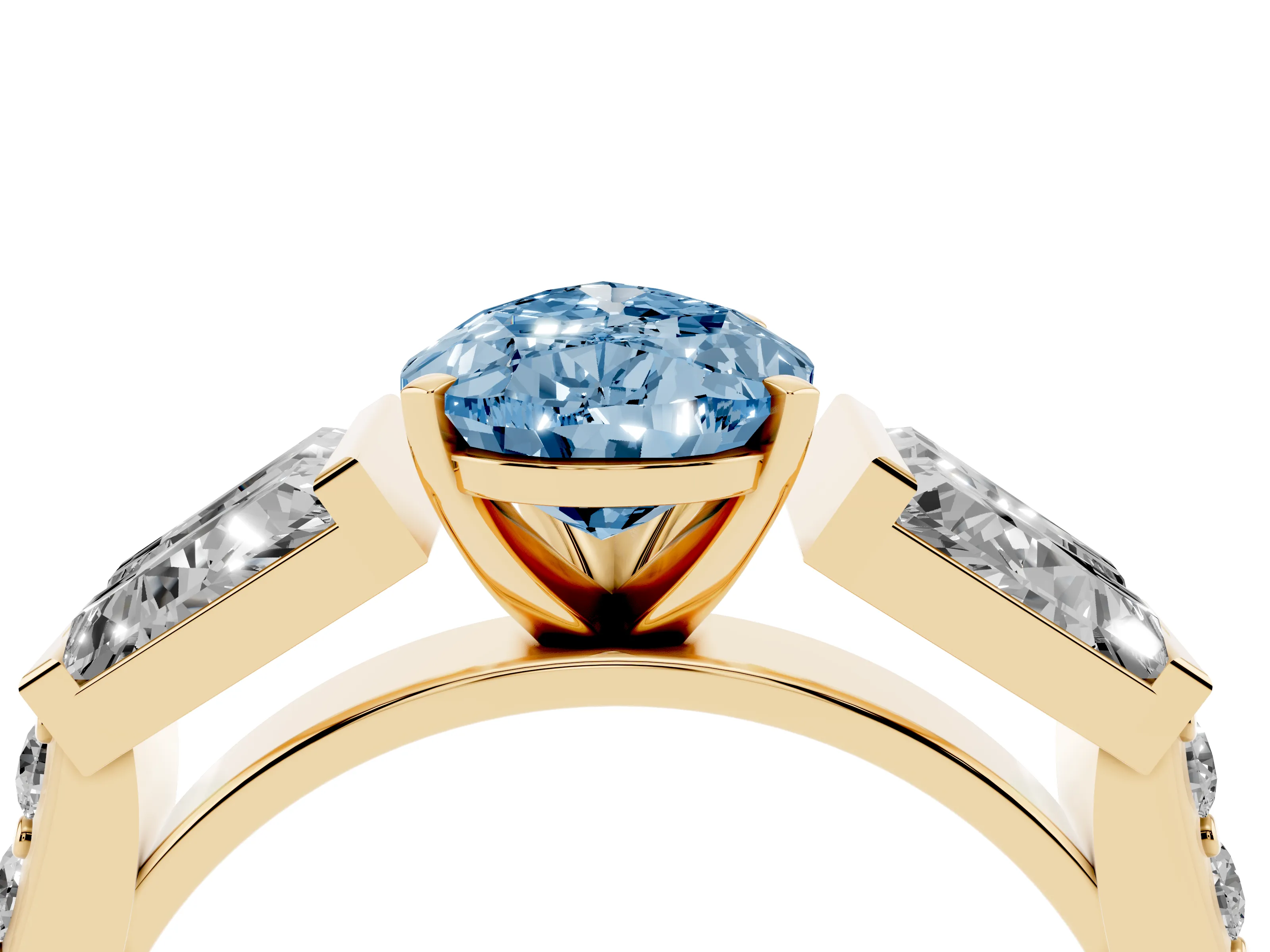 Fancy Blue Pear Cut Diamond Engagement Ring Set in Yellow gold with Baguette Side Stones and Channel Set Band