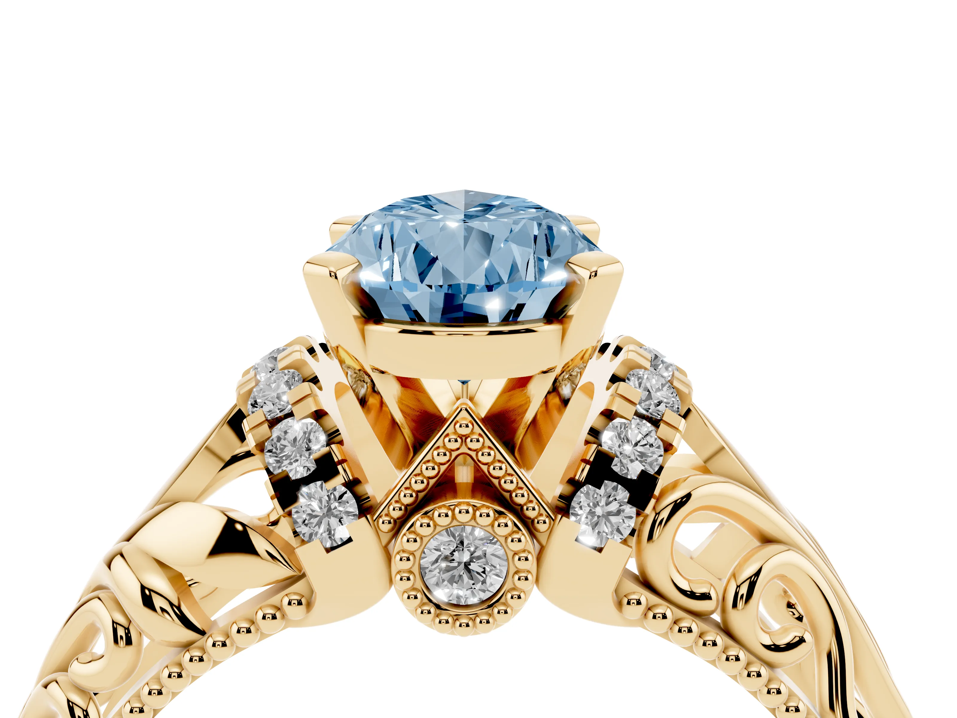 Fancy Blue Pear Cut Diamond Filigree Halo Engagement Ring Set in Yellow gold with Prong Setting