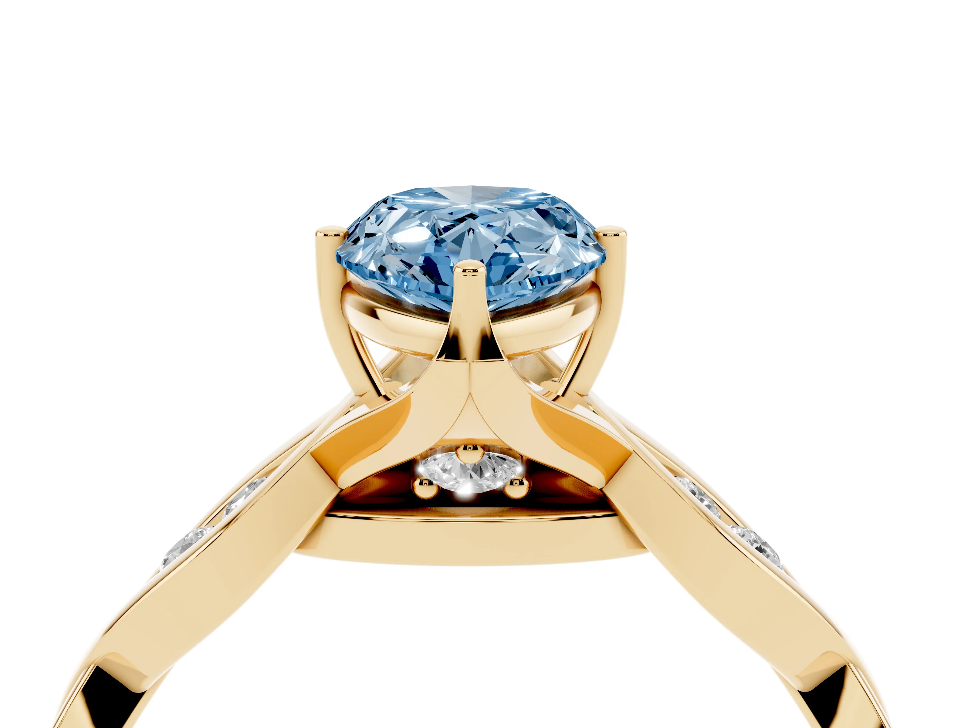 Fancy Blue Pear Cut Diamond Twist Band Solitaire Ring Set in Yellow gold with Leaf Prong Setting and Accent Stones