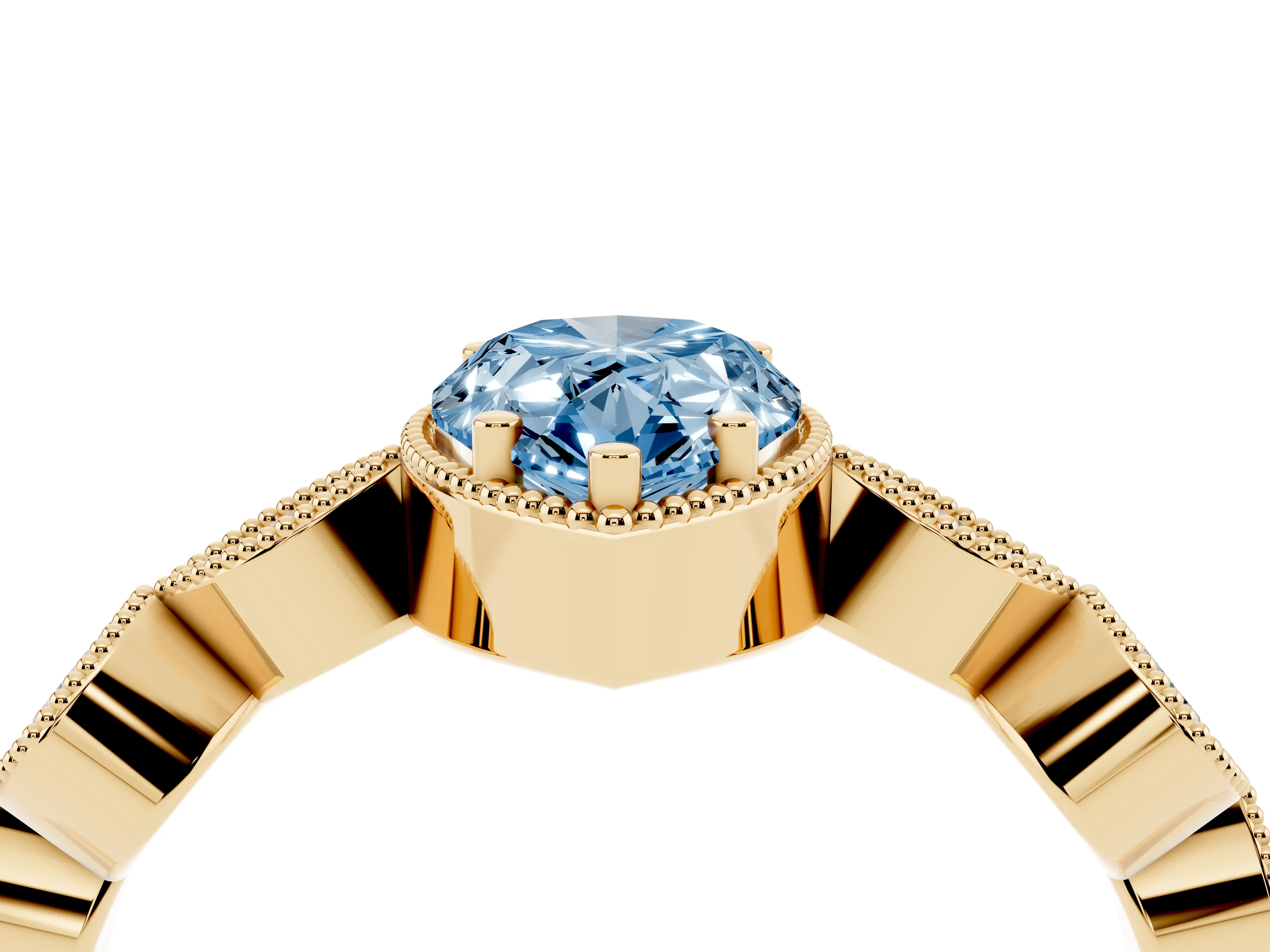 Fancy Blue Pear Cut Diamond Vintage-Inspired Milgrain Ring Set in Yellow gold with Marquise Stations of Round Accents