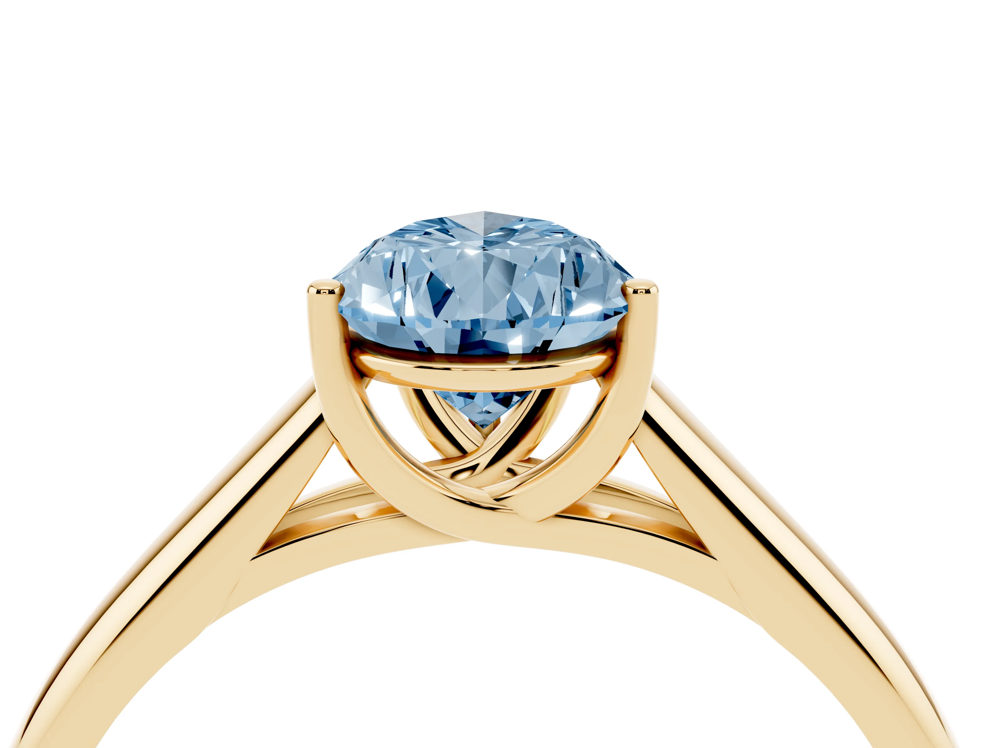 Fancy Blue Pear Cut Diamond Solitaire Engagement Ring Set in Yellow gold with Subtly Tapered Band and Prong Setting