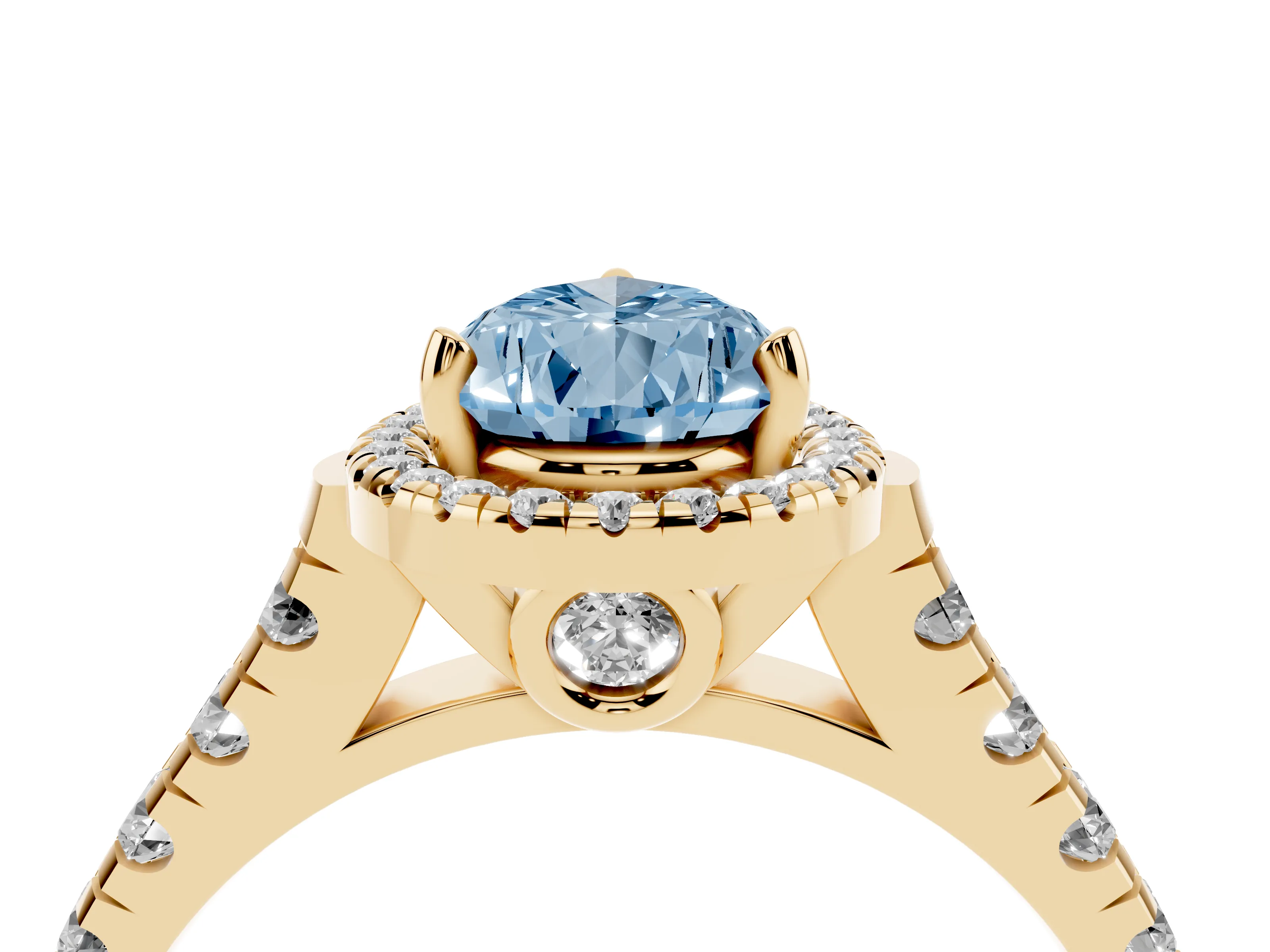 Fancy Blue Pear Cut Diamond Halo Engagement Ring Set in Yellow gold with Pavé Band and Prong-Set Center