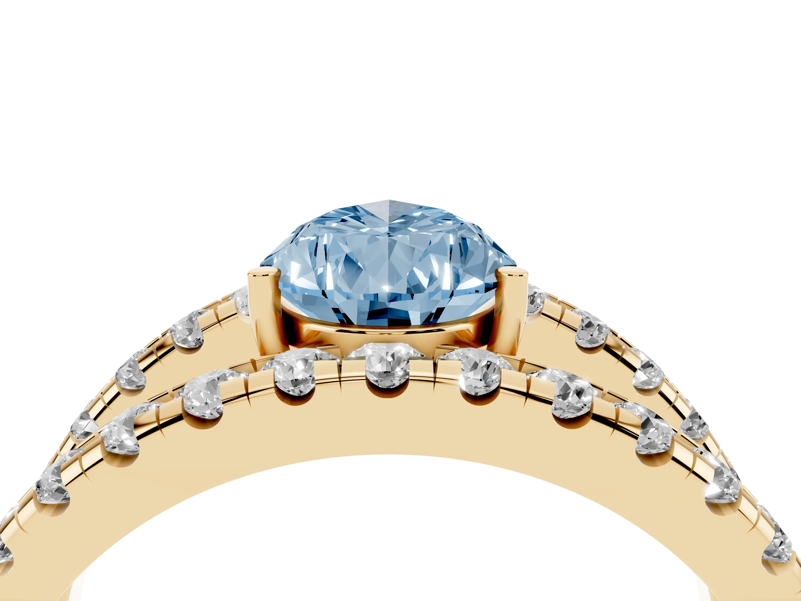 Fancy Blue Pear Cut Diamond Split Shank Pavé Solitaire Ring Set in Yellow gold with Open Shank Design