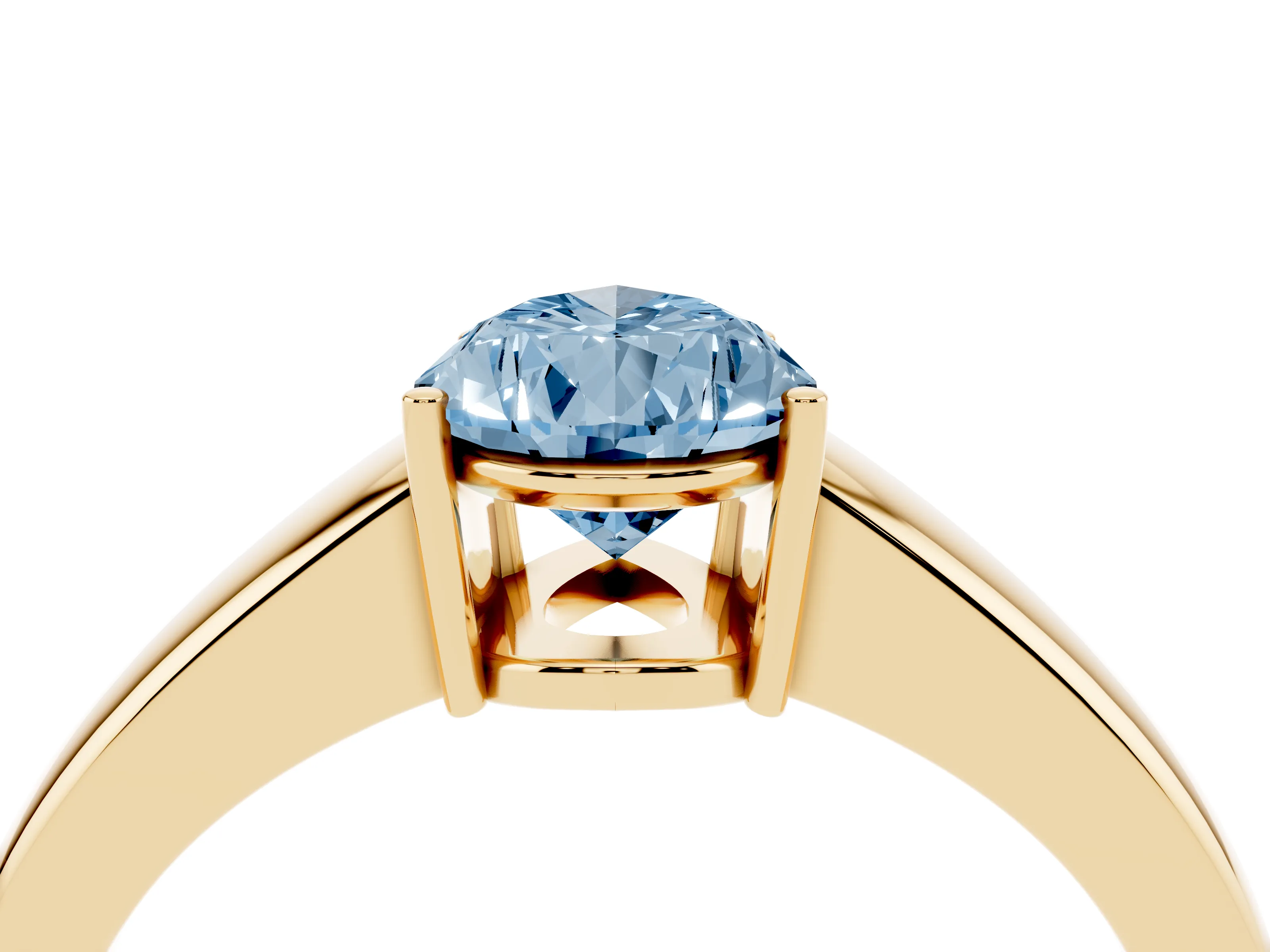 Fancy Blue Pear Cut Diamond Solitaire Ring Set in Yellow gold with Tapered Band and Prong Setting