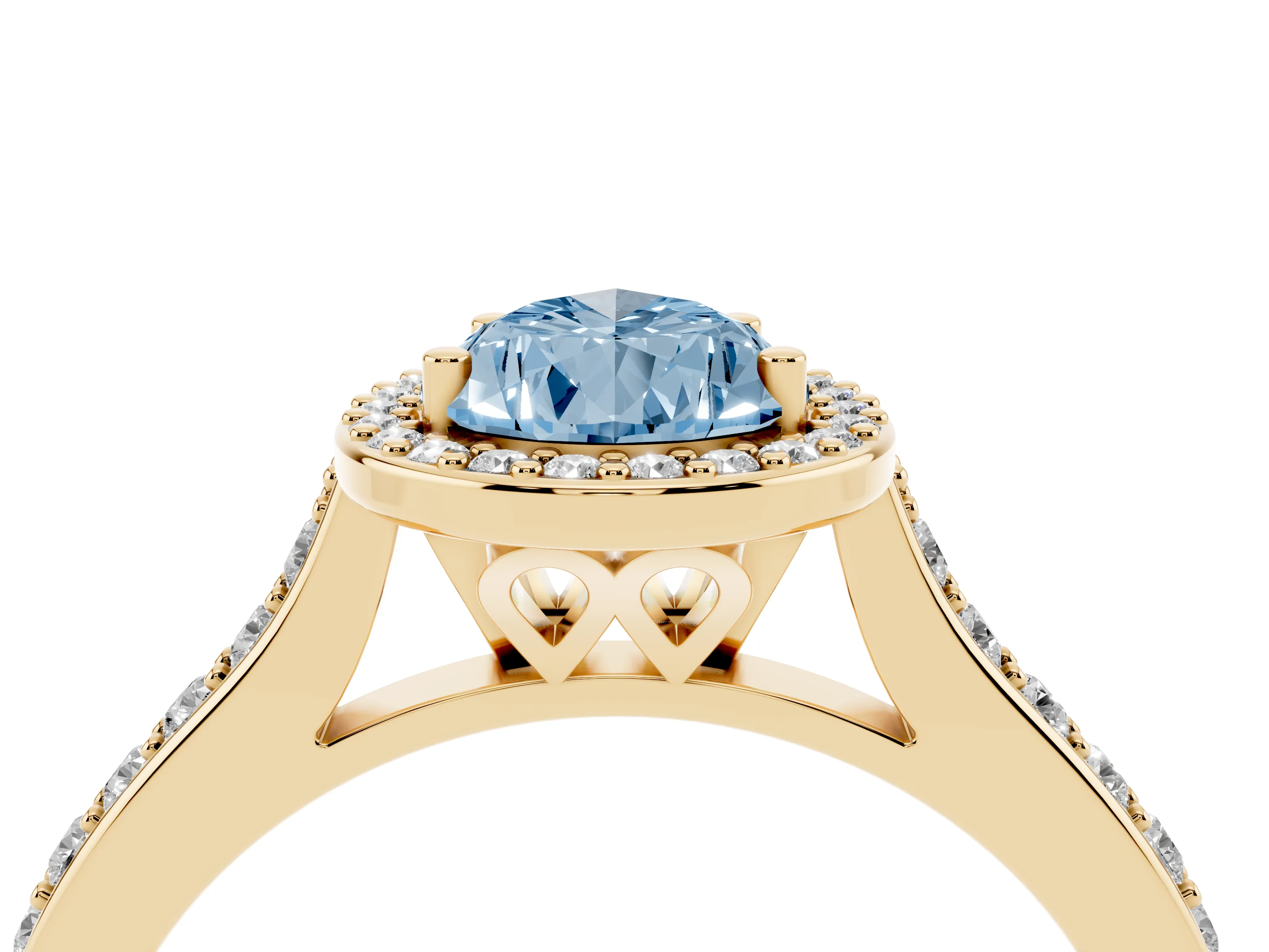 Fancy Blue Pear Cut Diamond Halo Engagement Ring Set in Yellow gold with Round Pavé Shoulders and Heart Gallery