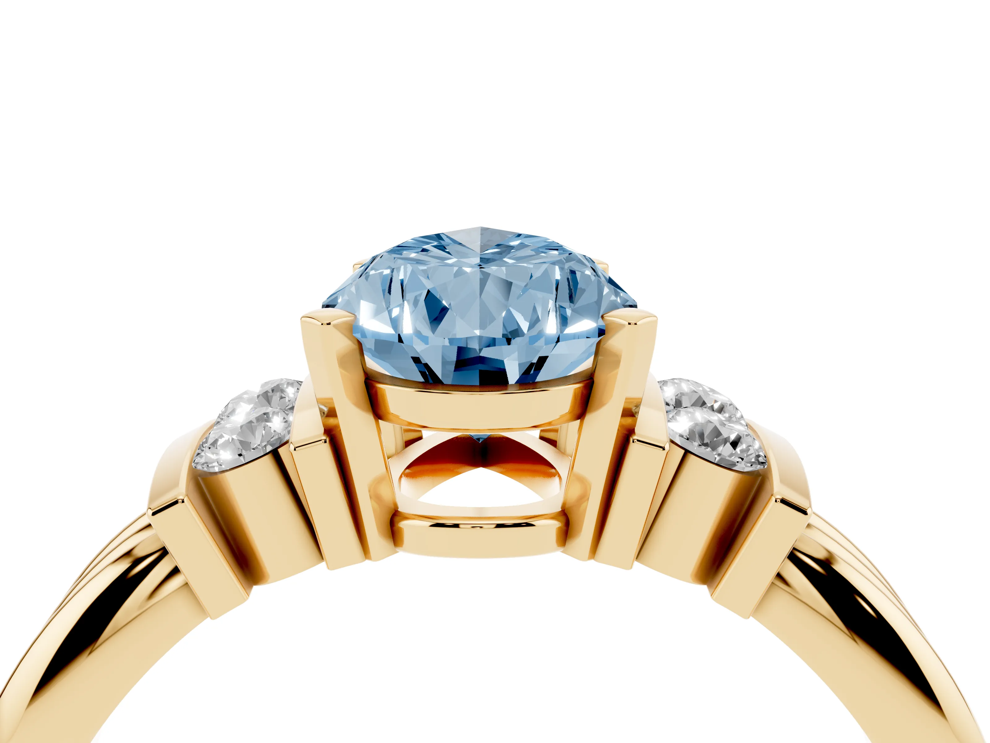 Fancy Blue Three-Stone Pear Cut Diamond Channel Set Ring Set in Yellow gold with Bar Prongs