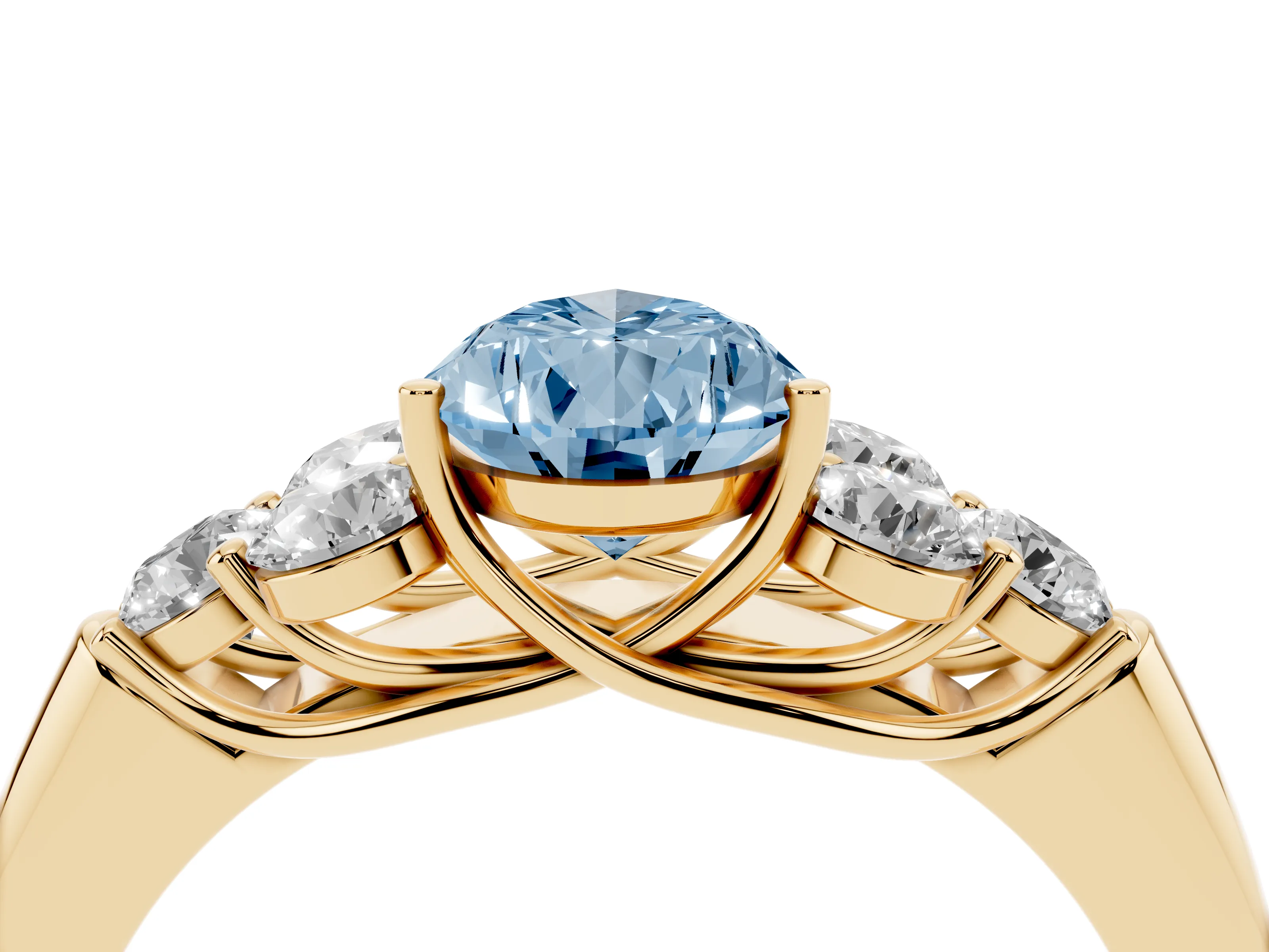 Fancy Blue Pear Cut Diamond Cluster Ring Set in Yellow gold with Round Accent Stones and Prong Setting on a Plain Band
