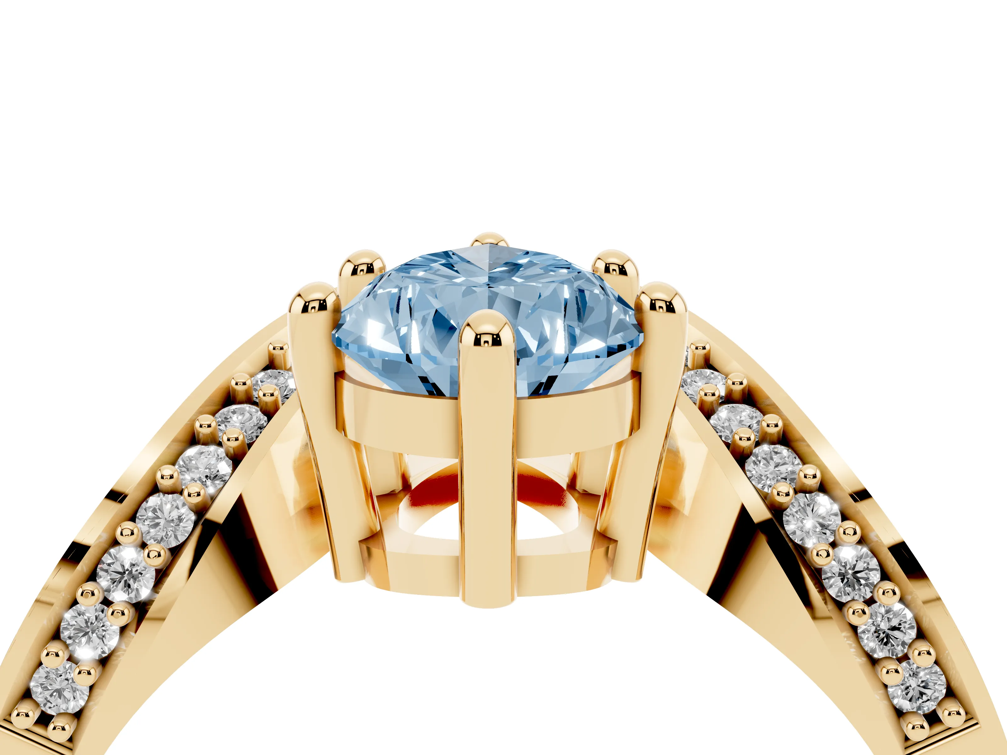 Fancy Blue Pear Cut Diamond Solitaire Engagement Ring Set in Yellow gold with Pavé Shoulders