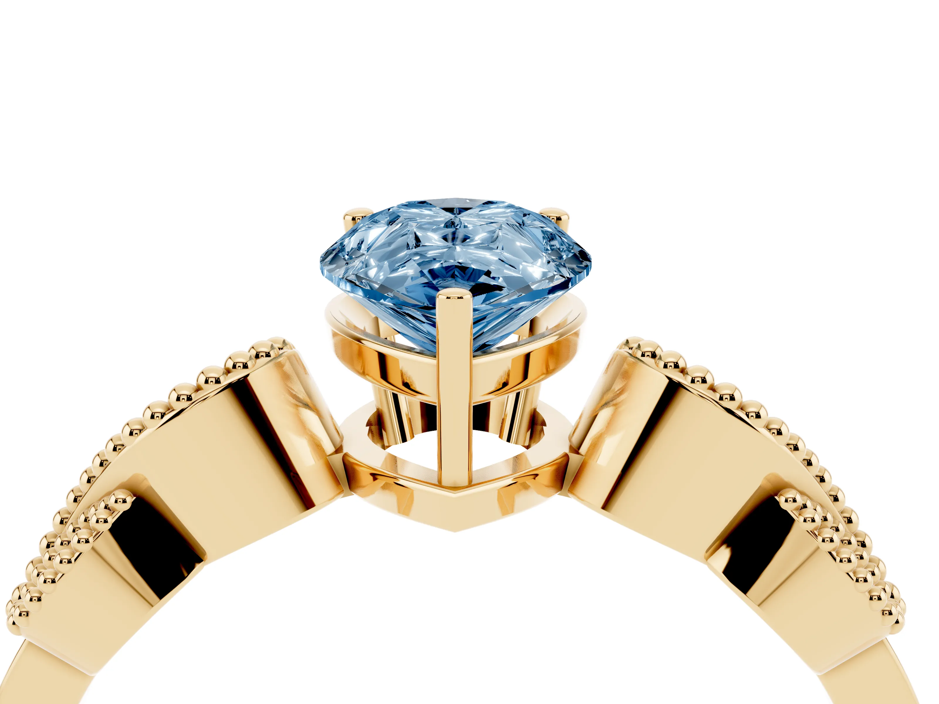 Fancy Blue Pear Cut Diamond Milgrain Leaf Band Solitaire Ring Set in Yellow gold with Accent Stones and Prong Setting