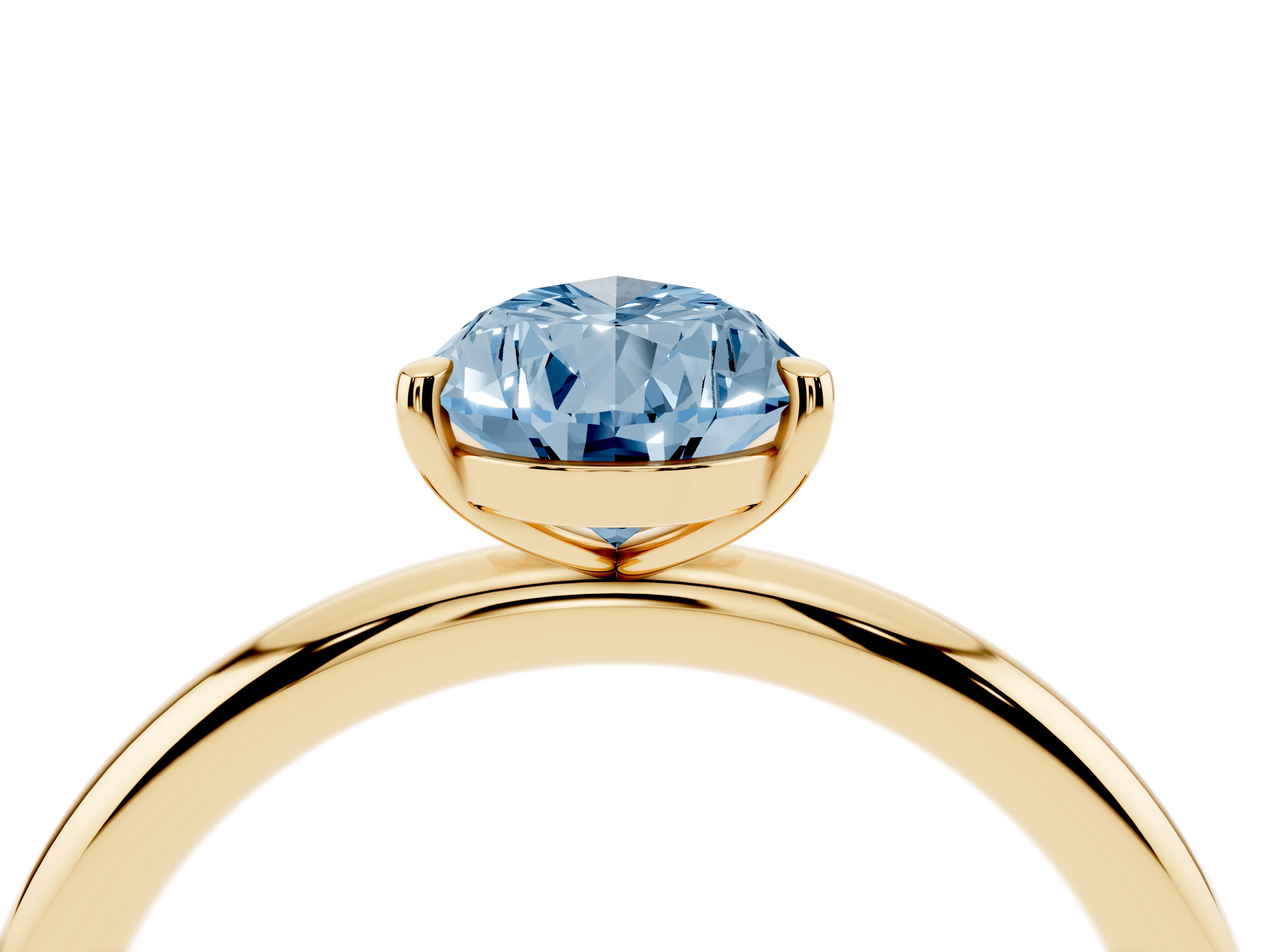 Fancy Blue Pear Cut Diamond Solitaire Ring Set in Yellow gold with Prong Setting on a Polished Plain Band