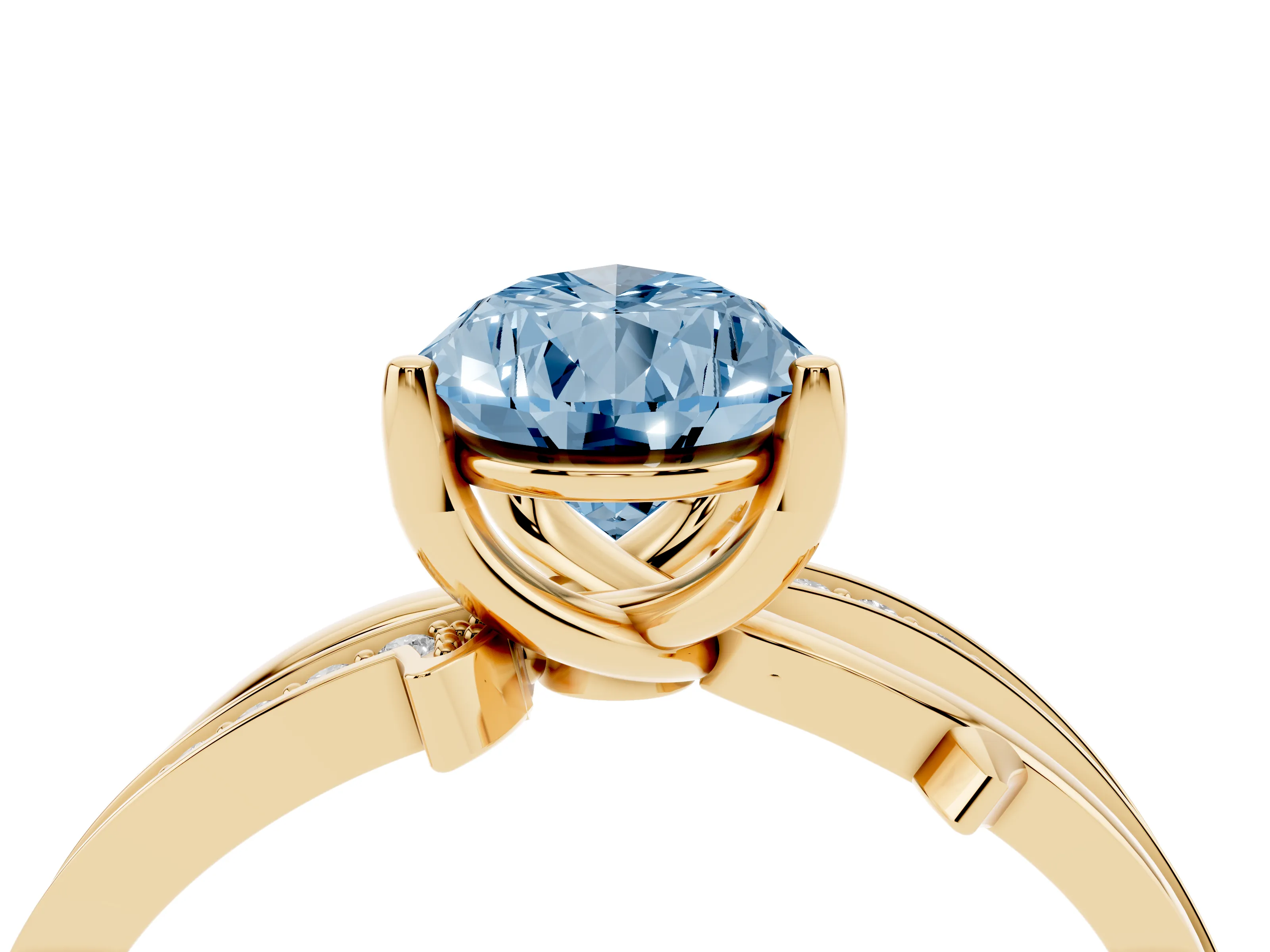 Fancy Blue Pear Cut Diamond Pavé Twist Band Solitaire Ring Set in Yellow gold with Prong Setting