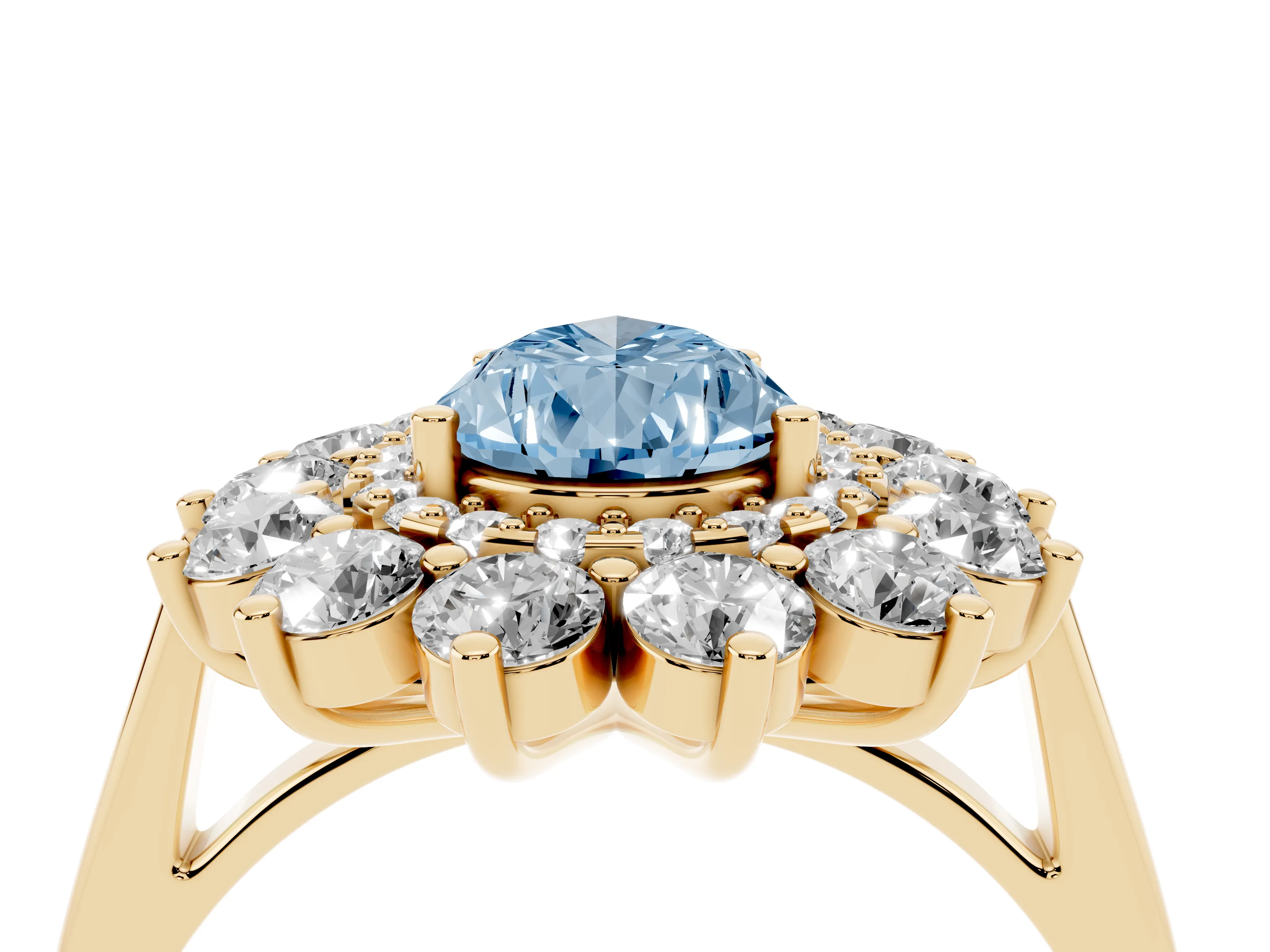 Fancy Blue Pear Cut Diamond Floral Double Halo Ring Set in Yellow gold with Round Petals