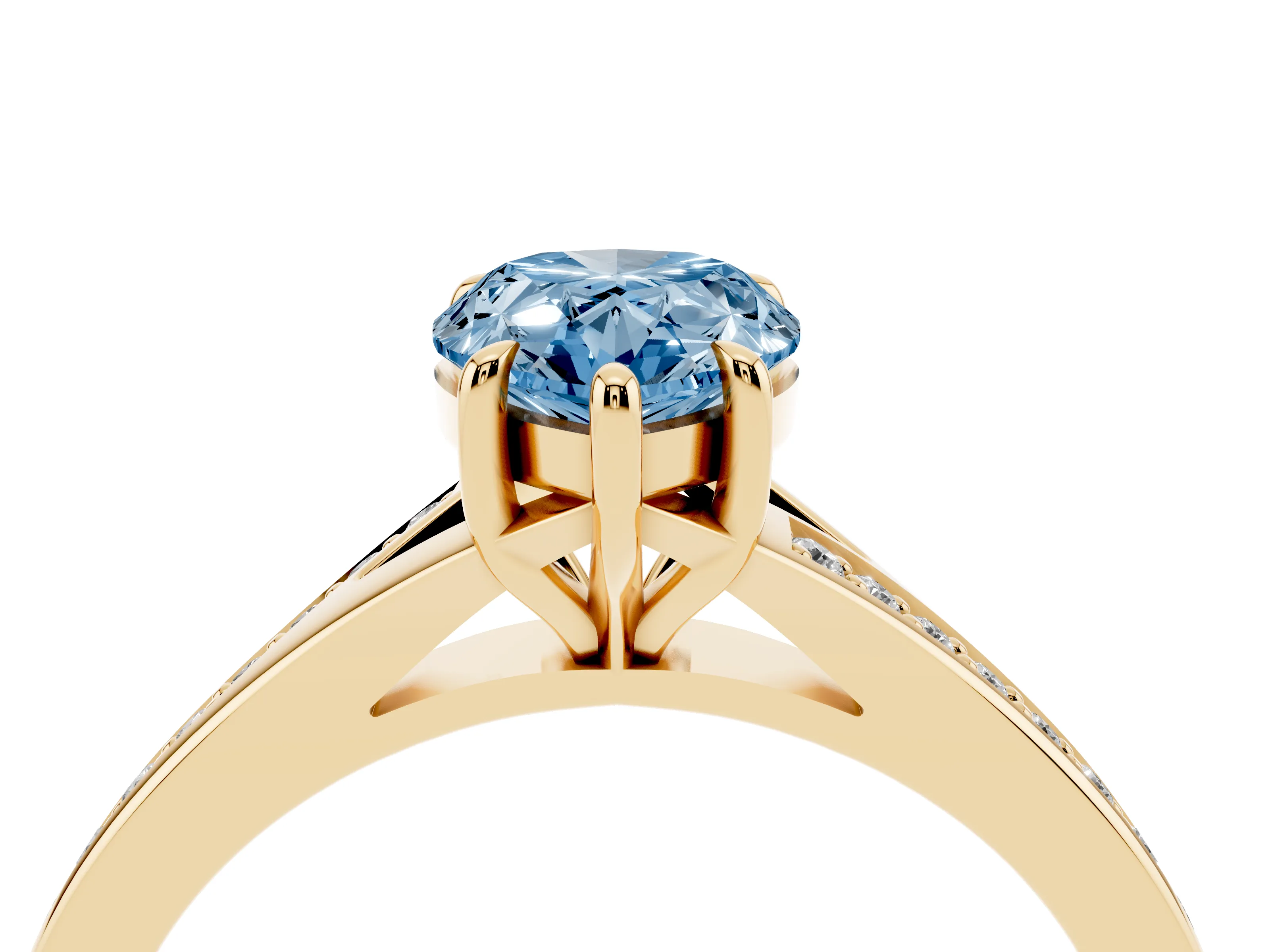 Fancy Blue Pear Cut Diamond Solitaire Ring Set in Yellow gold with Pavé Accent Band and Classic Prong Setting