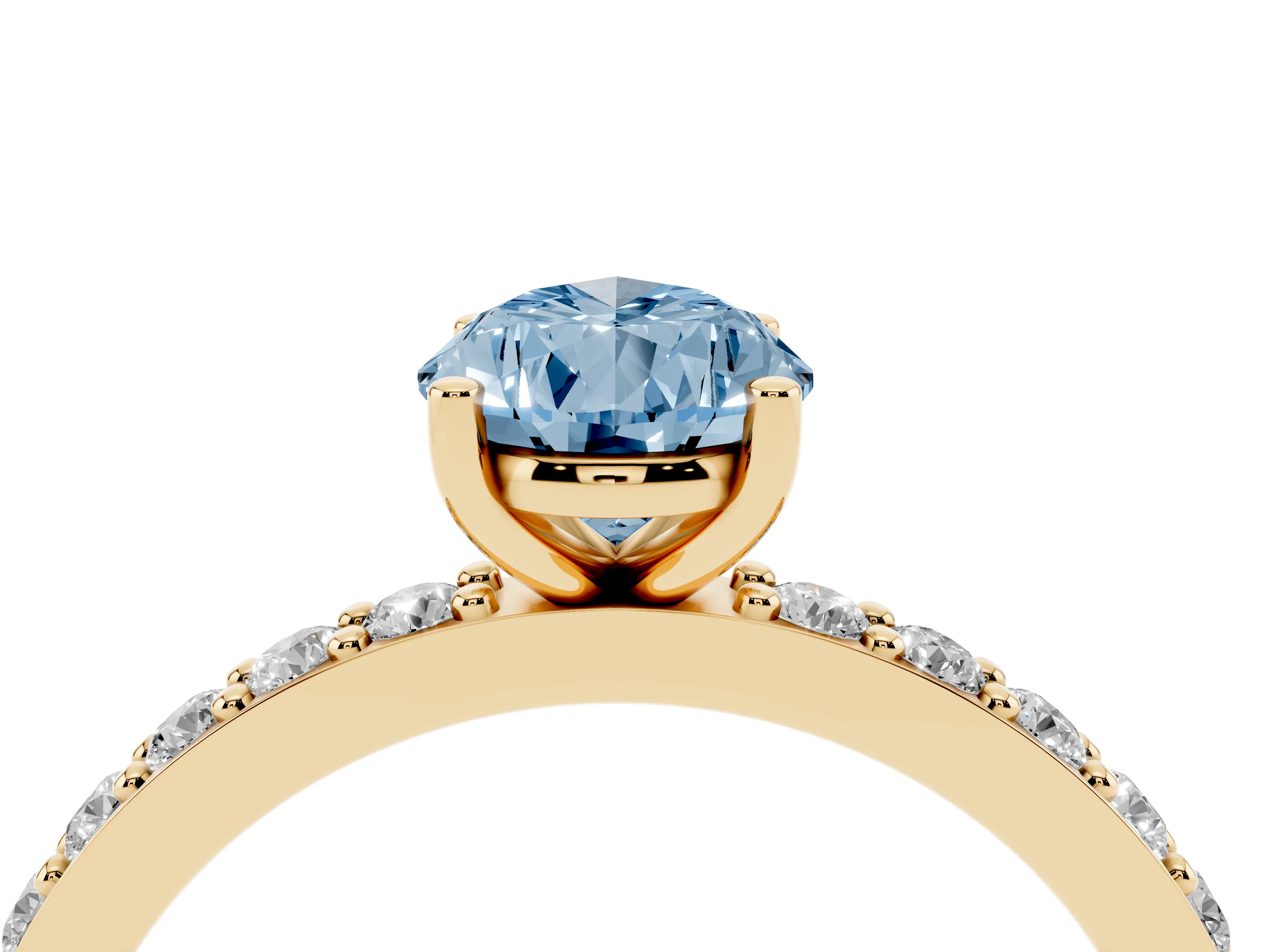 Fancy Blue Pear Cut Diamond Solitaire Set in Yellow gold with Round Pavé Band and Prong Setting