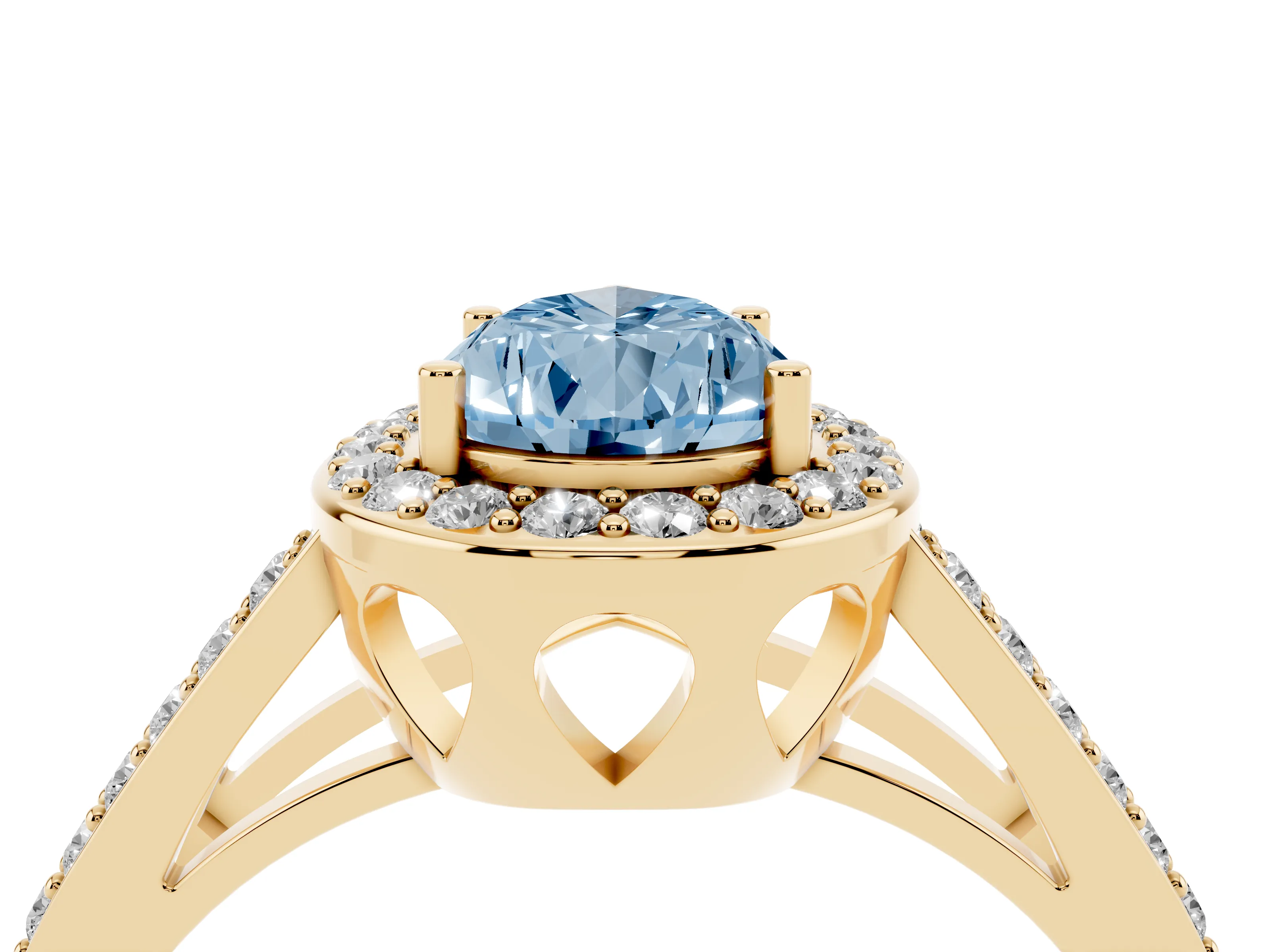Fancy Blue Pear Cut Diamond Halo Ring Set in Yellow gold with U-Prong Split Shank and Prong Setting