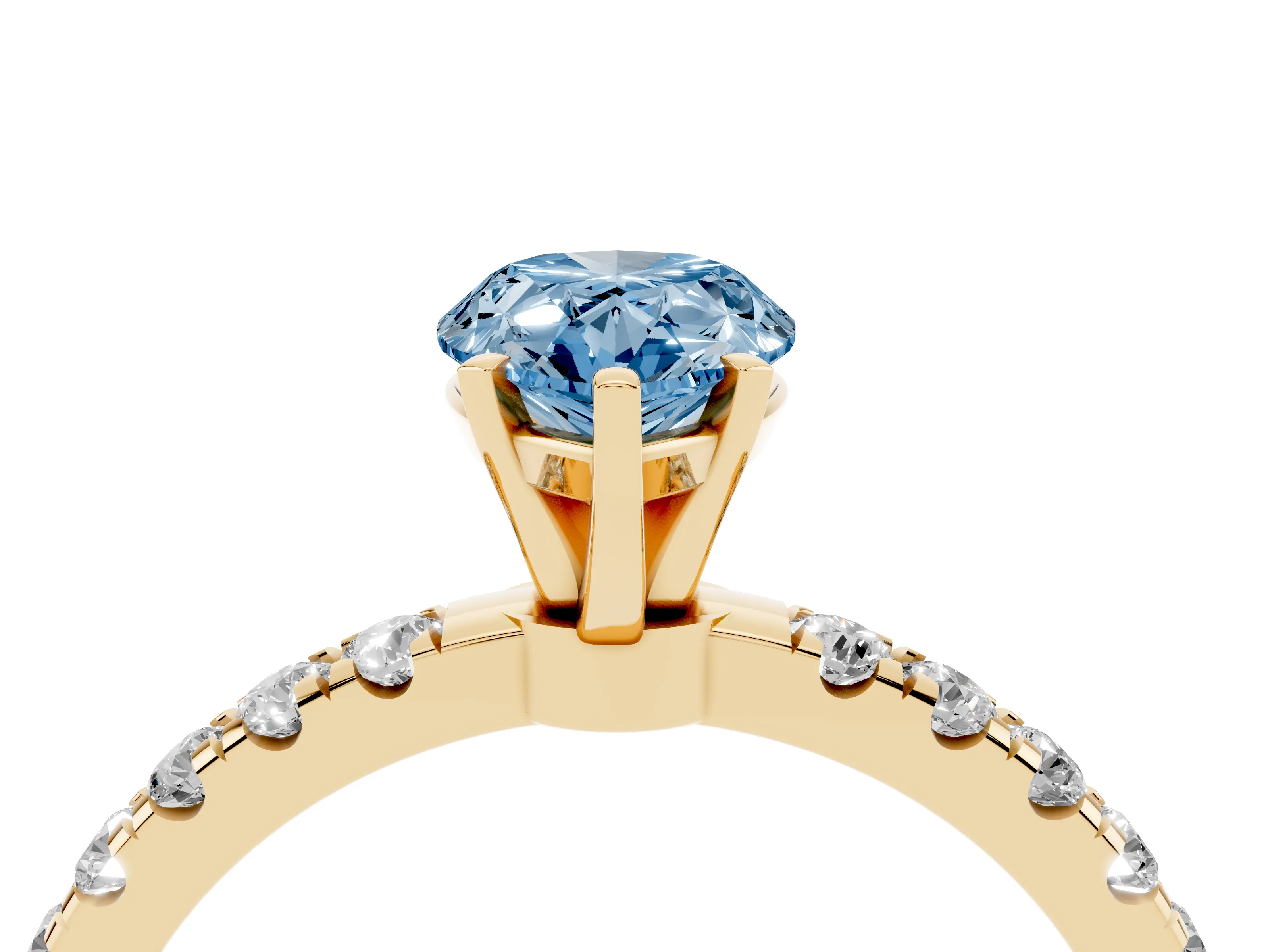 Fancy Blue Pear Cut Diamond Solitaire Ring Set in Yellow gold with Pavé Accents and Prong Setting