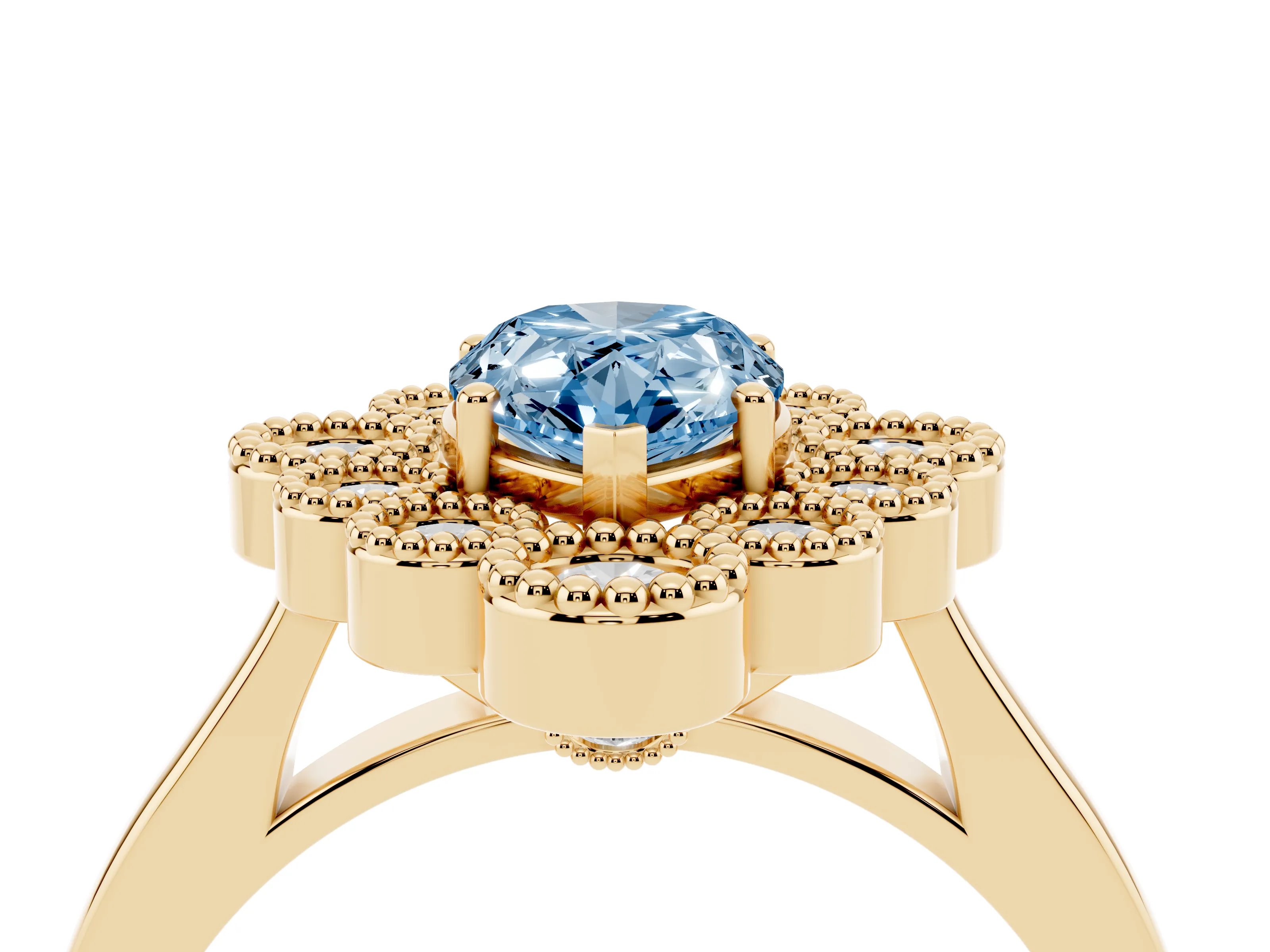 Fancy Blue Pear Cut Diamond Cluster Halo Ring Set in Yellow gold with Milgrain Bezel Accents and Plain Band