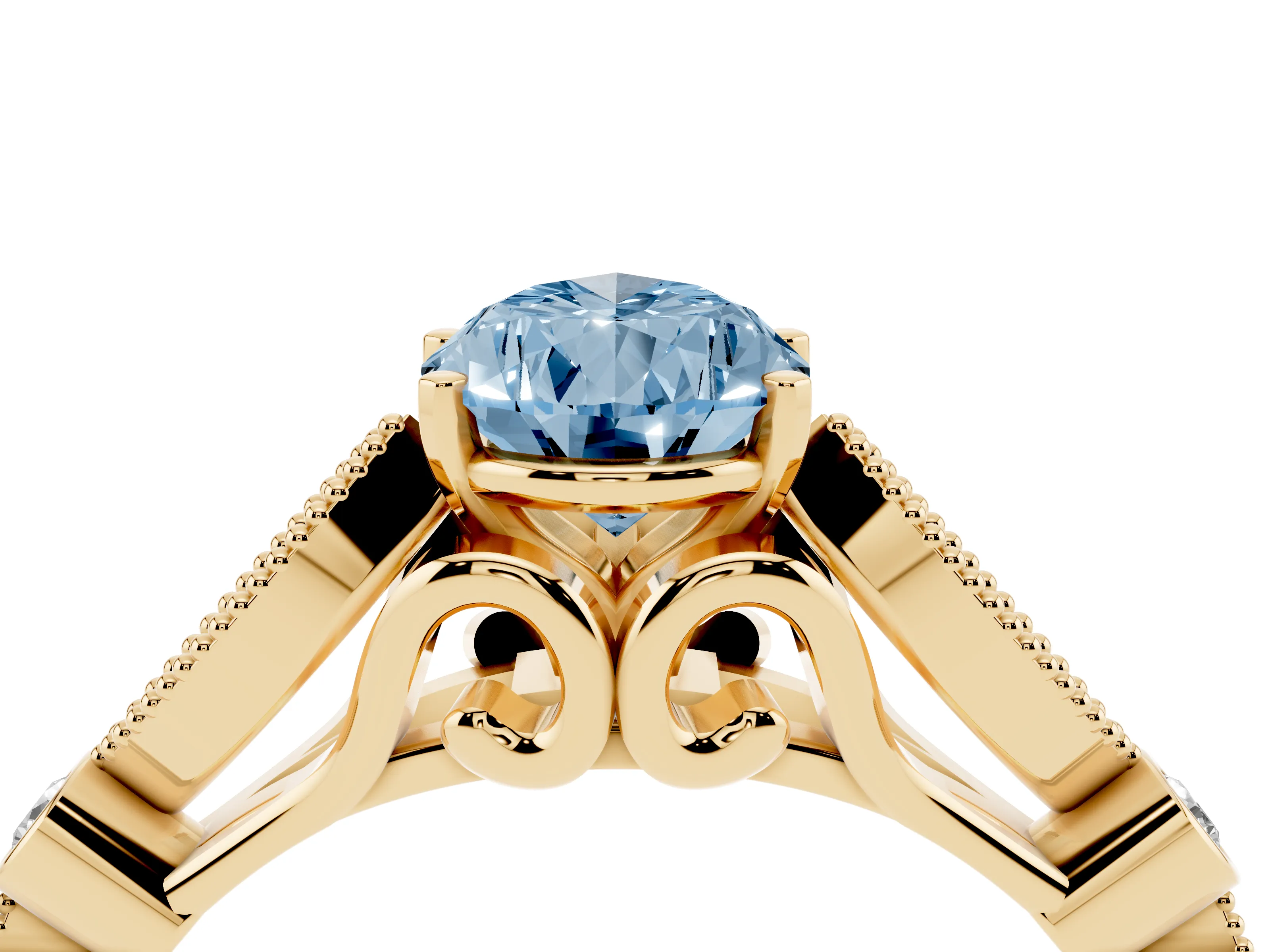 Fancy Blue Pear Cut Diamond Solitaire Ring Set in Yellow gold with Milgrain Marquise and Bezel Accents