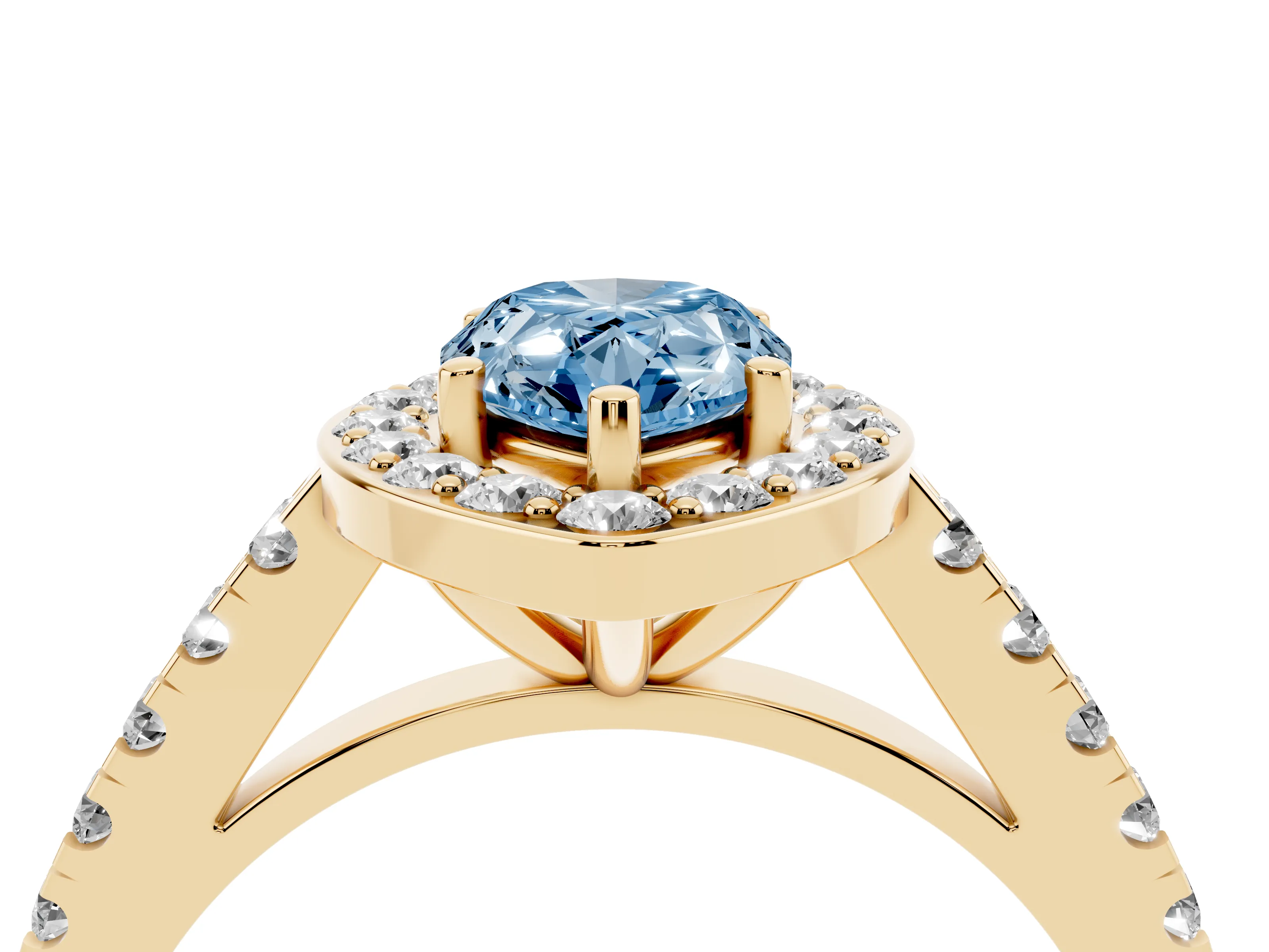 Fancy Blue Pear Cut Diamond Halo Ring Set in Yellow gold with Round Pavé Split Shank and Prong Setting