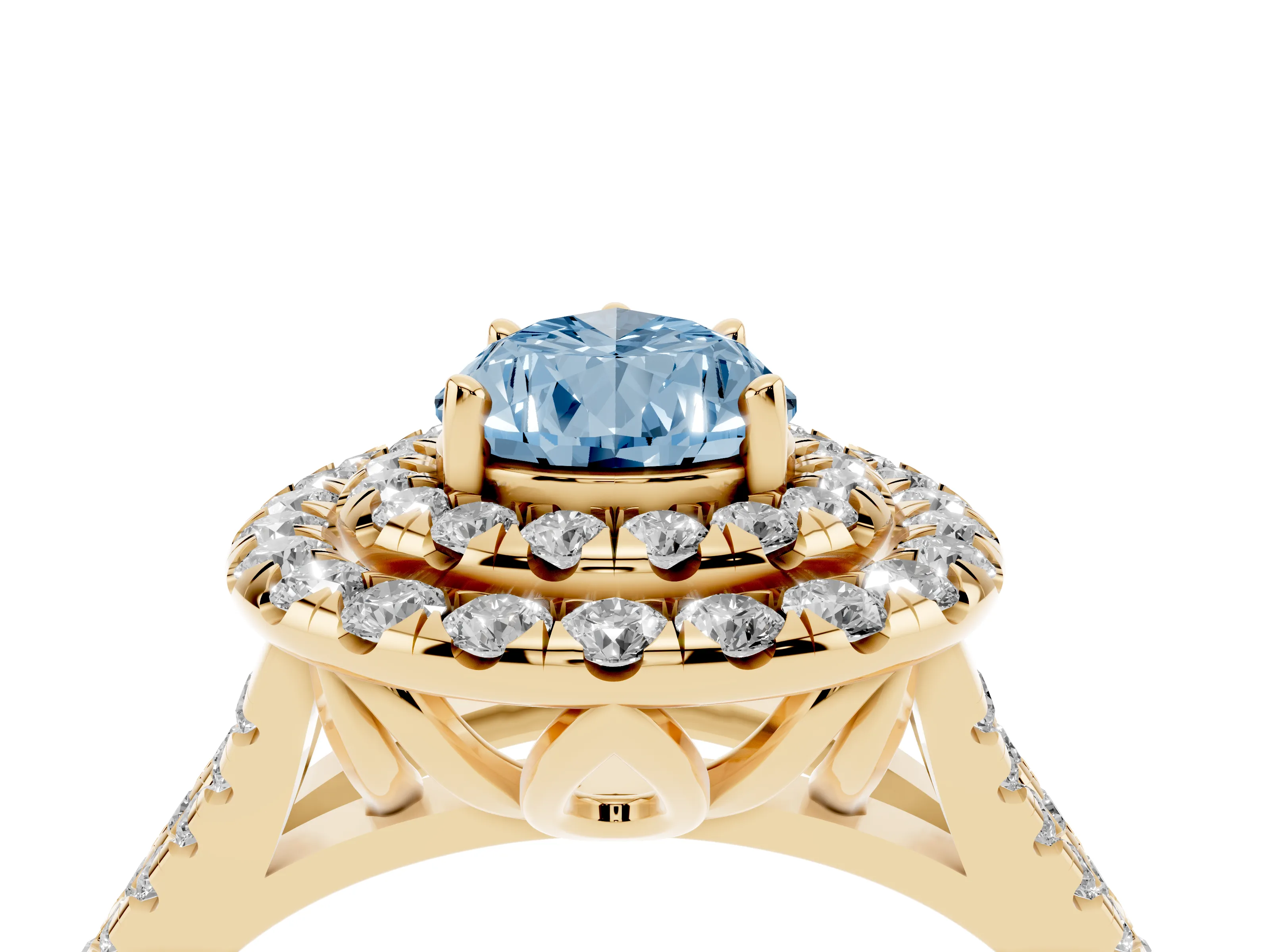 Fancy Blue Pear Cut Diamond Double Halo Ring Set in Yellow gold with Pavé Split Shank and Prong Setting