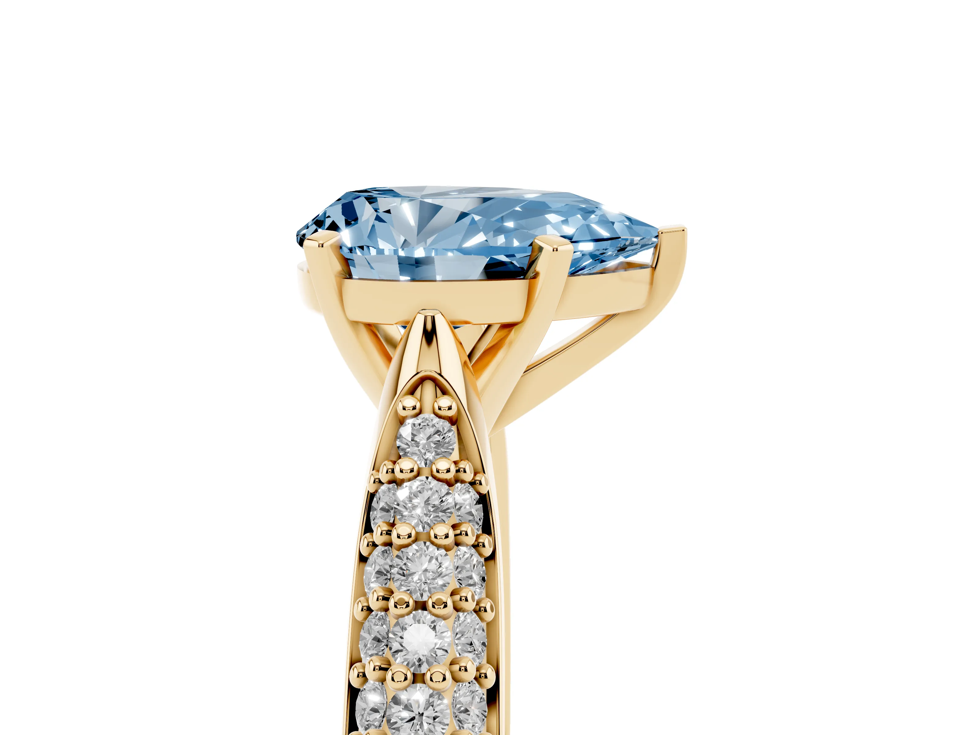 Fancy Blue Pear Cut Diamond Solitaire Engagement Ring Set in Yellow gold with Multi-Row Round Pavé Band and Prong Setting