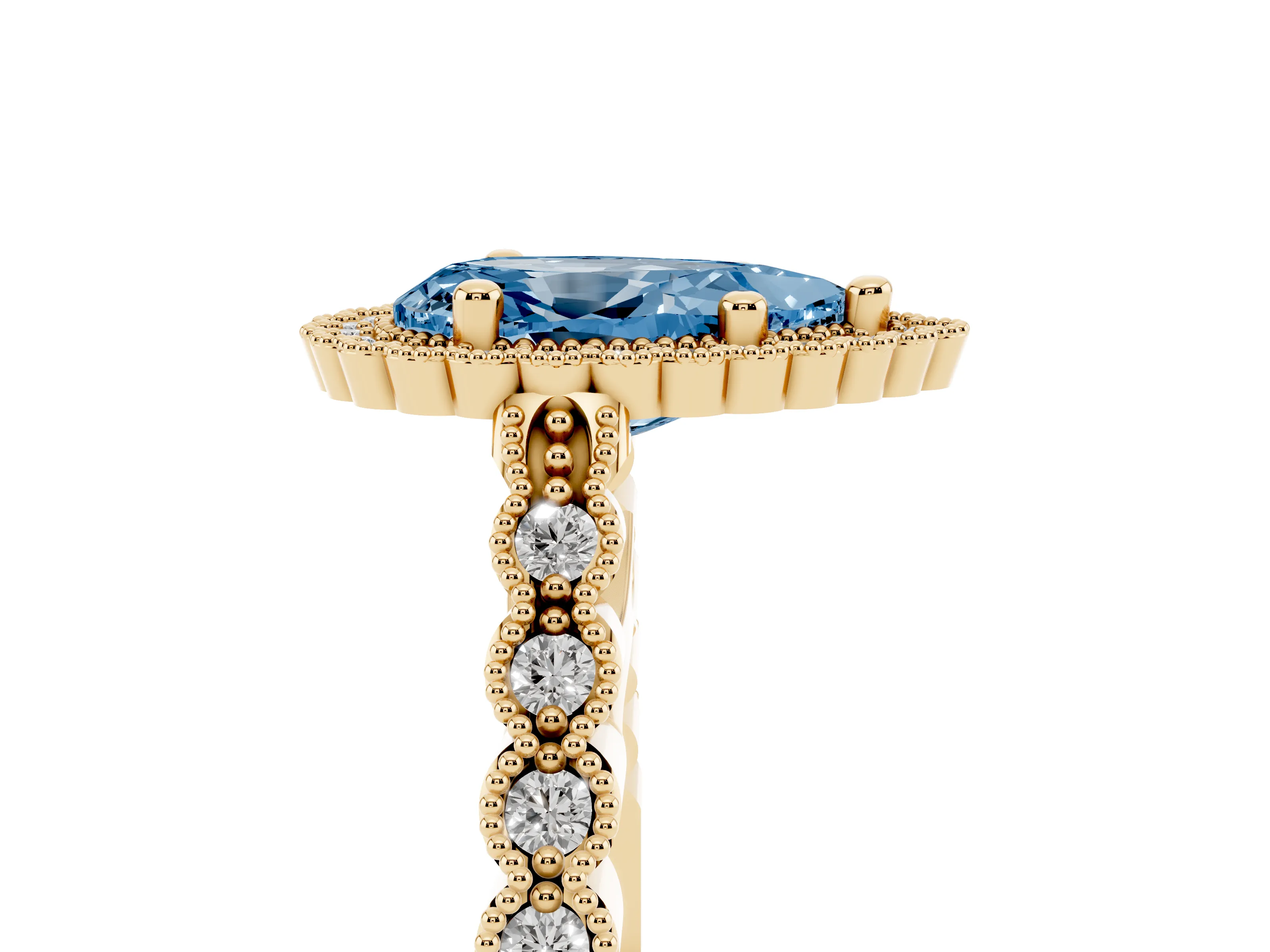 Fancy Blue Pear Cut Diamond Halo Ring Set in Yellow gold with Pavé Milgrain Band