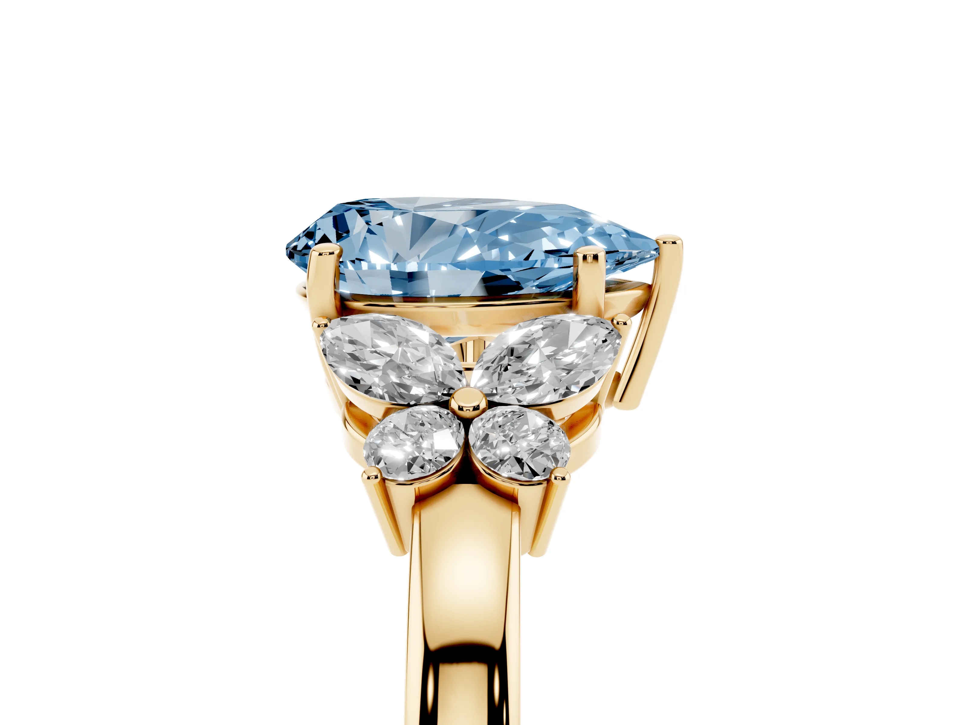 Fancy Blue Pear Cut Diamond Solitaire Floral Ring Set in Yellow gold with Marquise Petals and Prong Setting