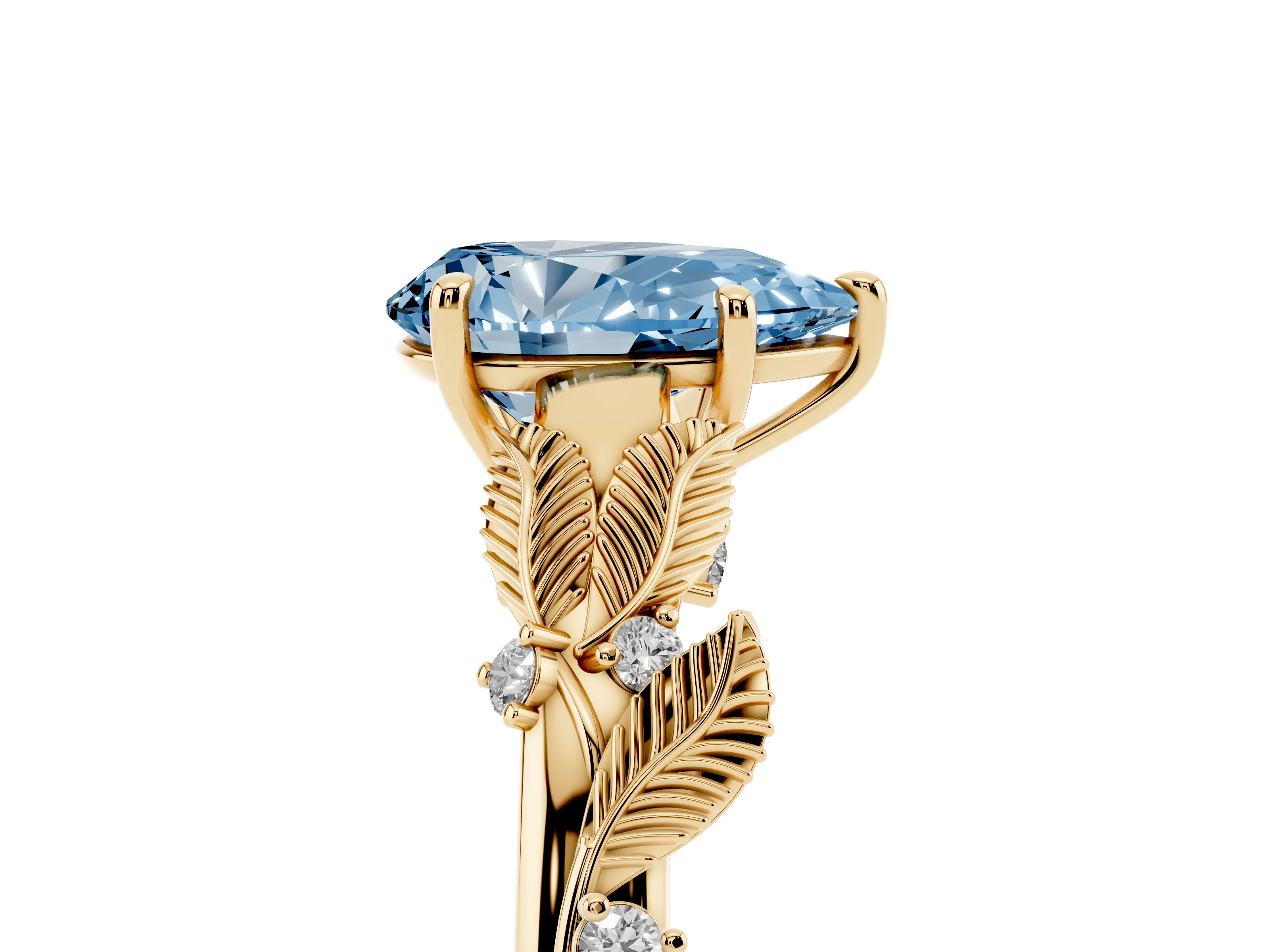 Fancy Blue Pear Cut Diamond Solitaire Ring Set in Yellow gold with Leaf Motif Band