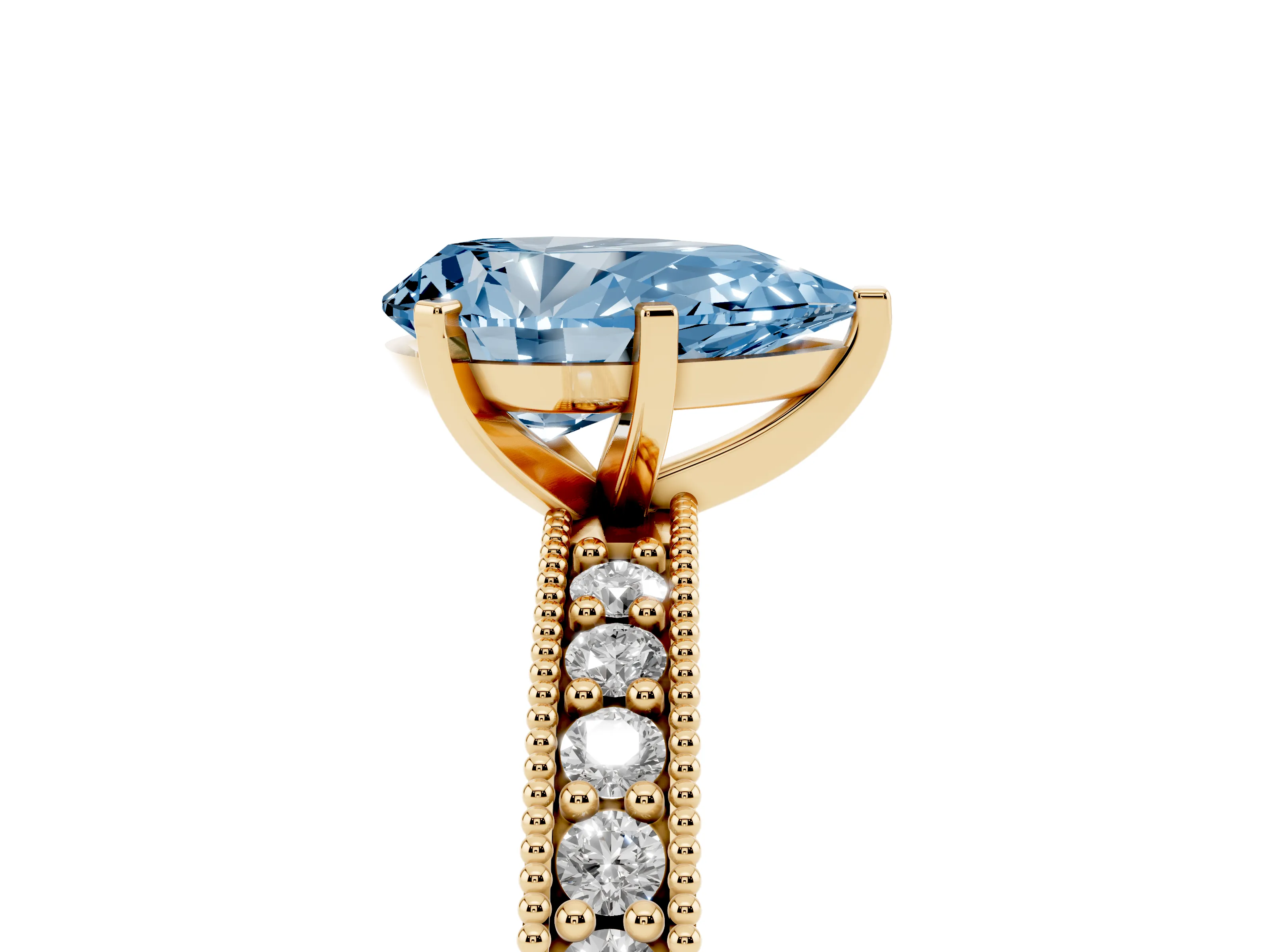 Fancy Blue Pear Cut Diamond Milgrain Pavé Engagement Ring Set in Yellow gold with Prong Setting