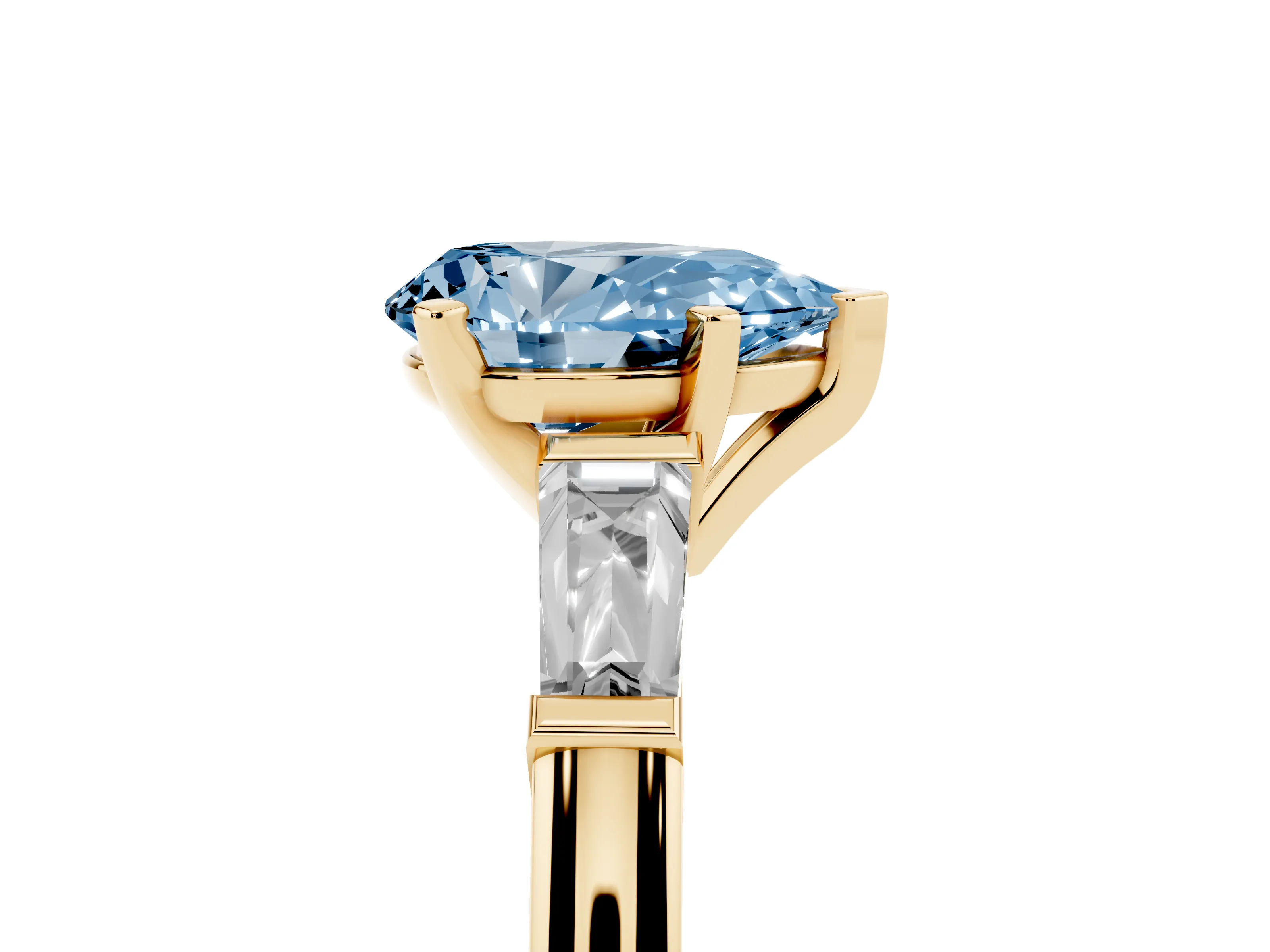 Fancy Blue Pear Cut Diamond Solitaire Ring Set in Yellow gold with Tapered Baguette Side Stones and Prong Setting