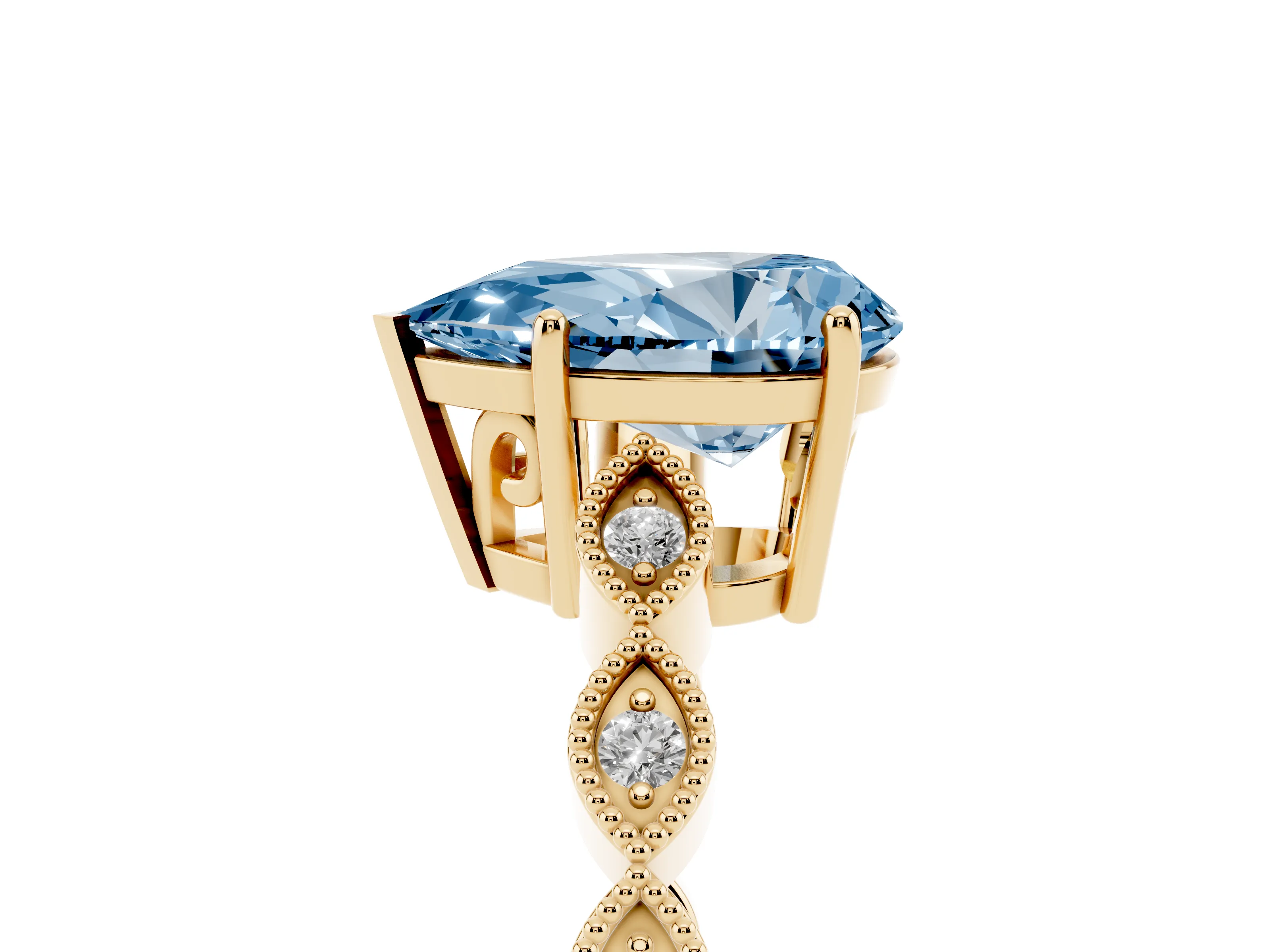 Fancy Blue Pear Cut Diamond Solitaire Ring Set in Yellow gold with Infinity Twist Pavé Band