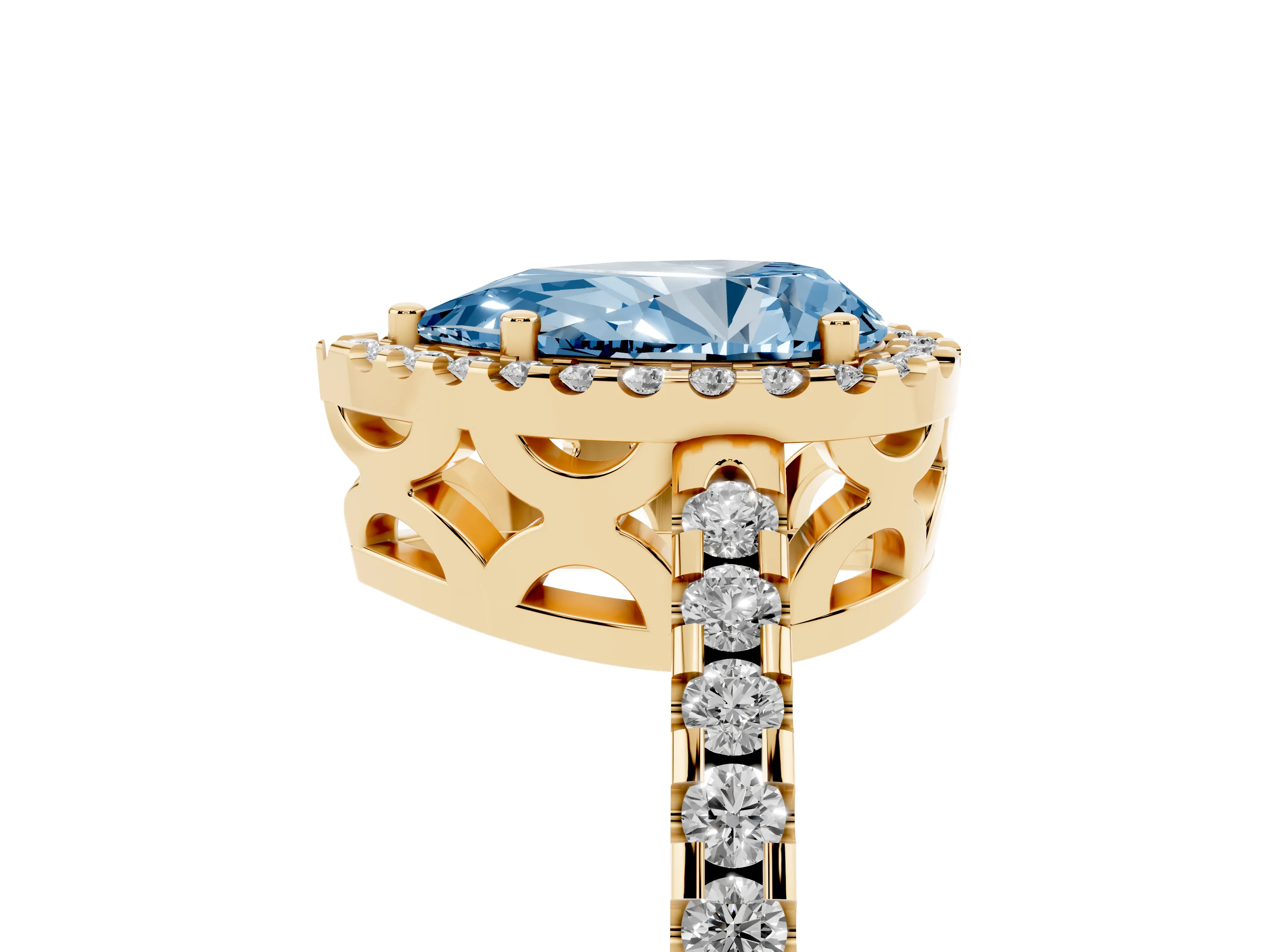 Fancy Blue Pear Cut Diamond Halo Ring Set in Yellow gold with Pavé Shoulders and Halo-Framed Center