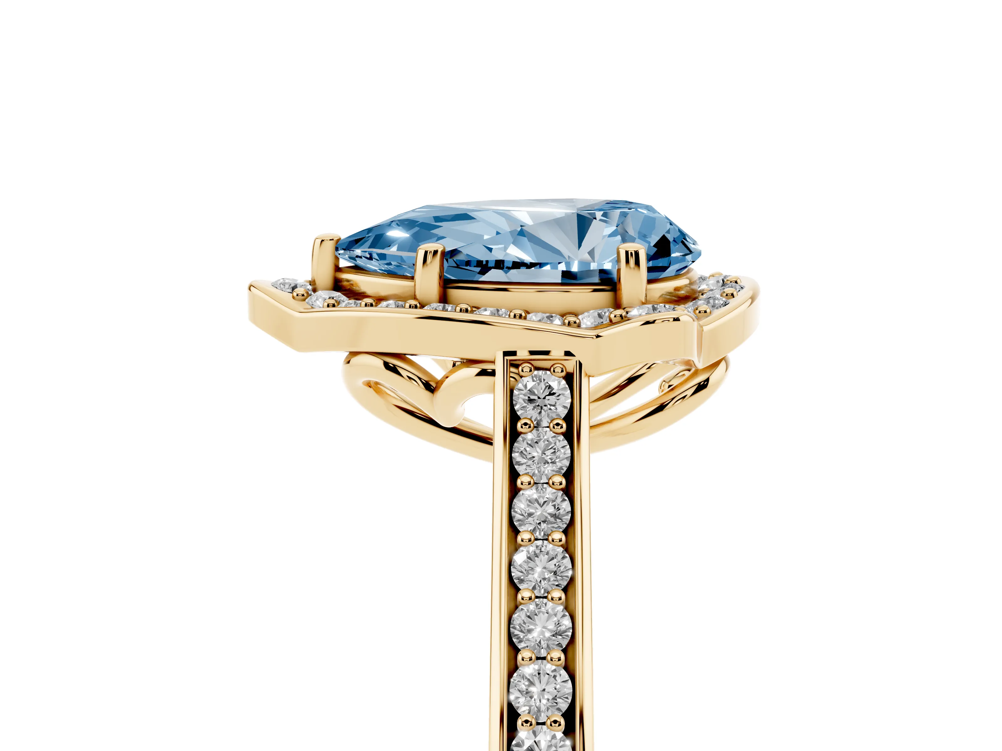 Fancy Blue Pear Cut Diamond Halo Ring Set in Yellow gold with Pavé-Lined Shoulders and Prong Setting