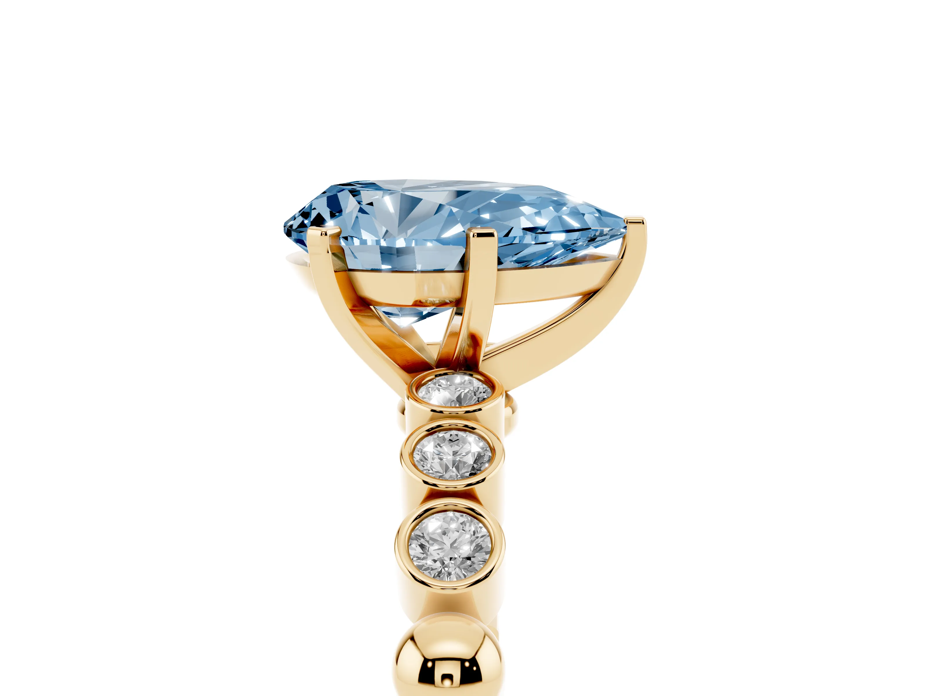 Fancy Blue Pear Cut Diamond Solitaire Engagement Ring Set in Yellow gold with Bezel Accents on Beaded Band