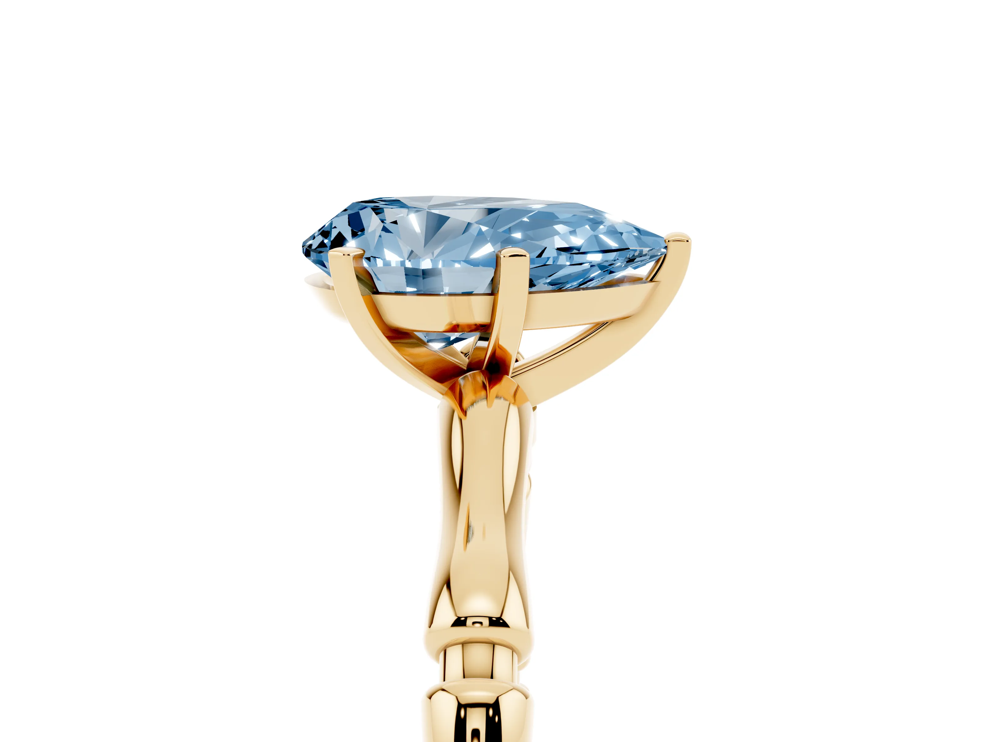 Fancy Blue Pear Cut Diamond Solitaire Ring Set in Yellow gold with Bamboo Band and Prong Setting
