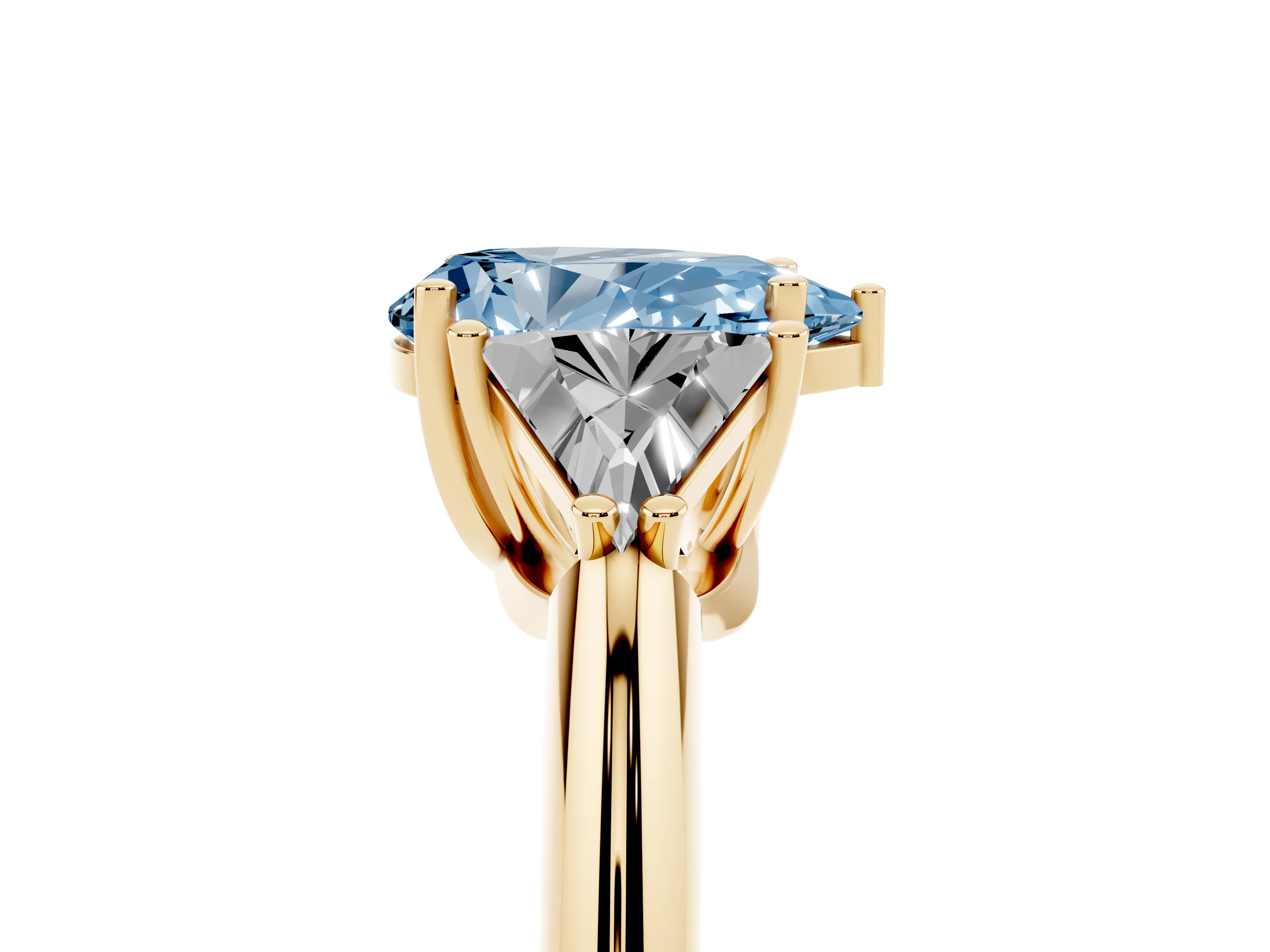 Fancy Blue Pear Cut Diamond Three-Stone Engagement Ring Set in Yellow gold with Trillion Side Stones