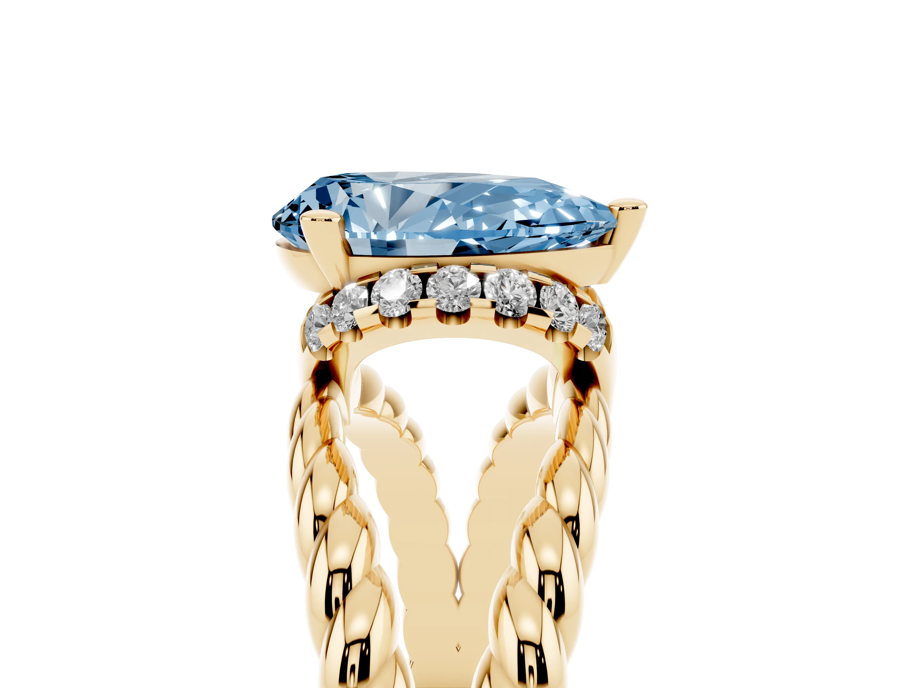 Fancy Blue Pear Cut Diamond Halo Ring Set in Yellow gold with Twisted Band and Prong Setting